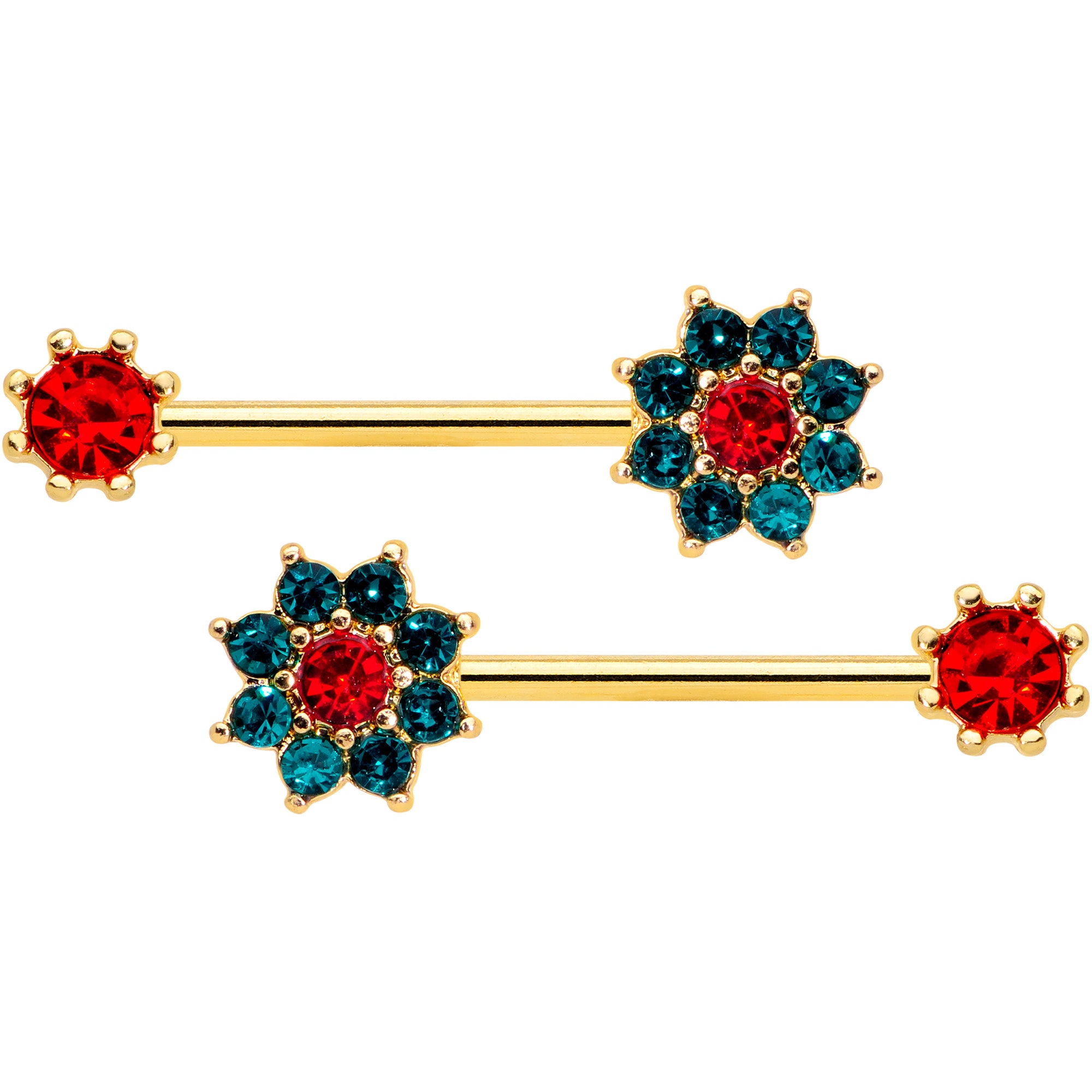 14 Gauge 9/16 Red Green Gem Gold Tone Christmas Flower Nipple Ring Set