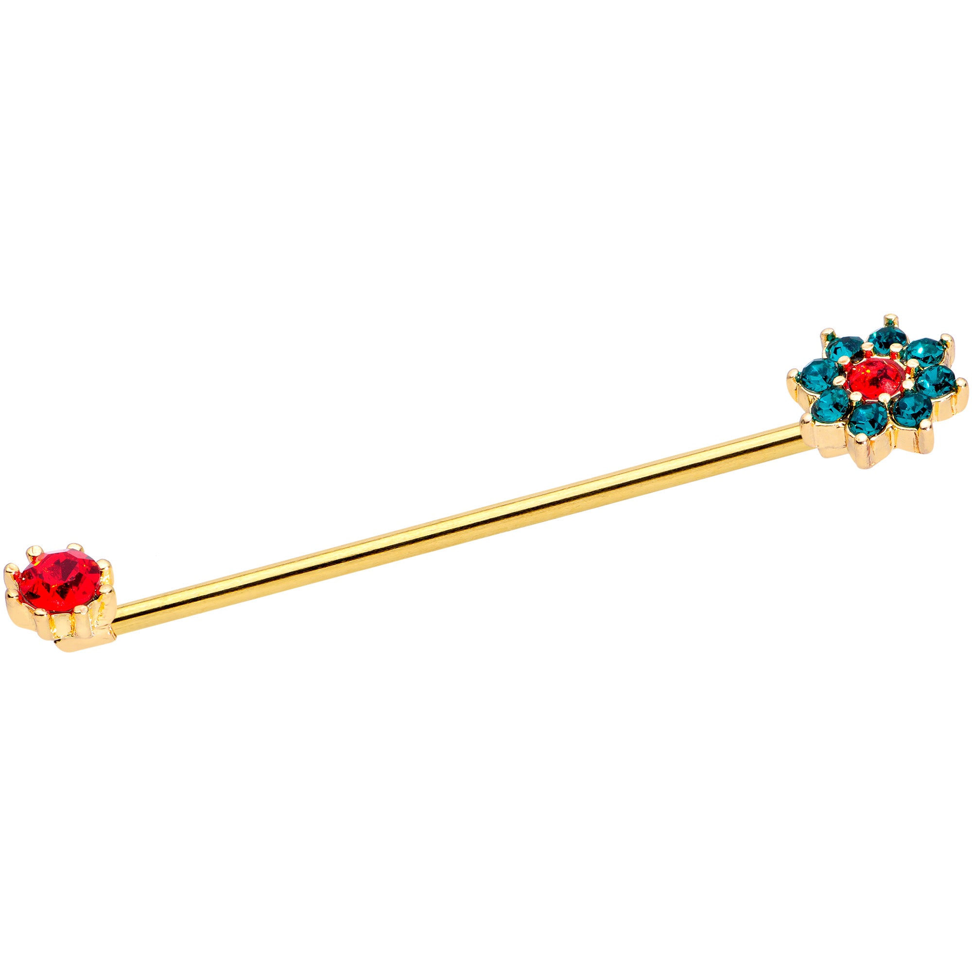 14 Gauge Green Red Gem Christmas Flower Industrial Barbell 38mm