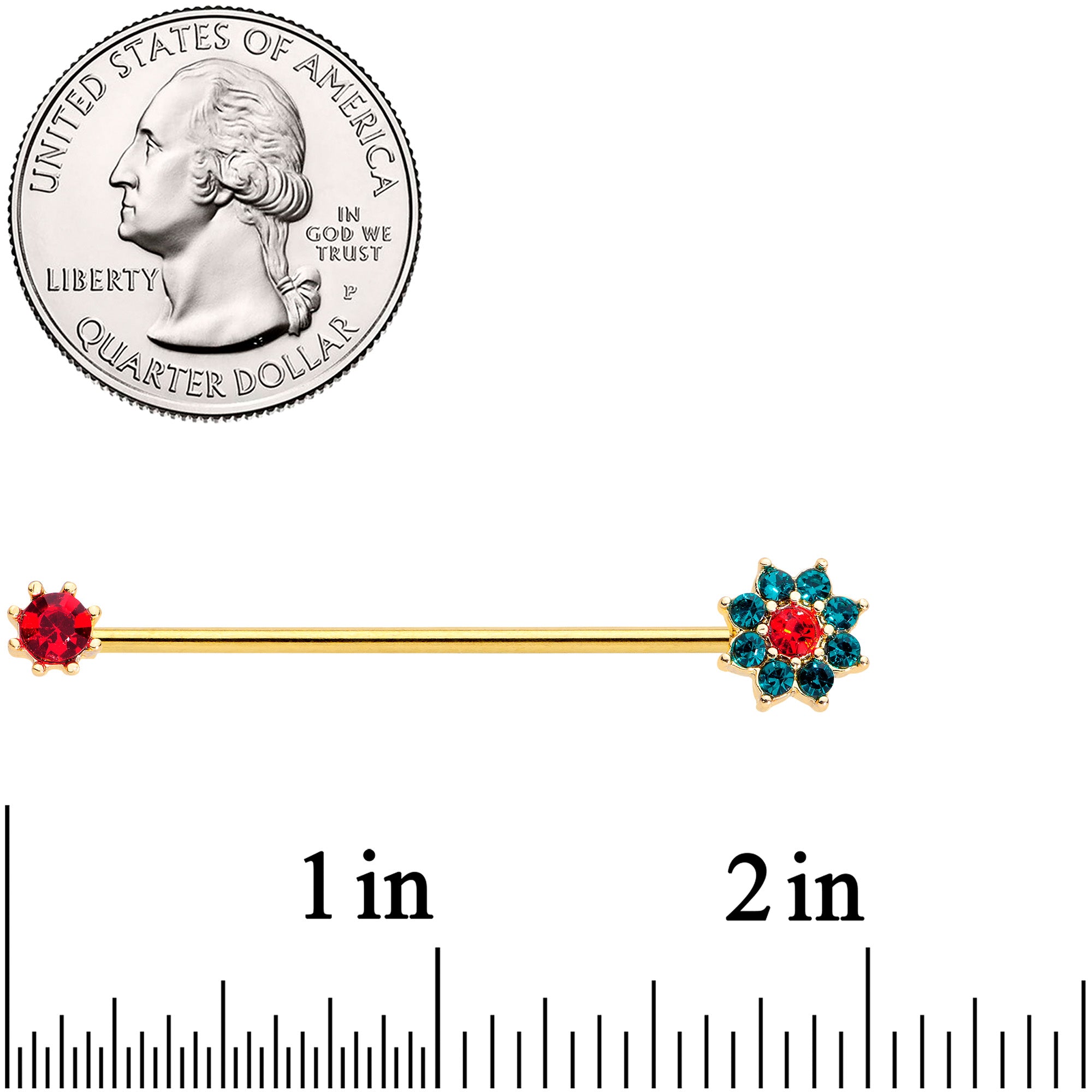 14 Gauge Green Red Gem Christmas Flower Industrial Barbell 38mm