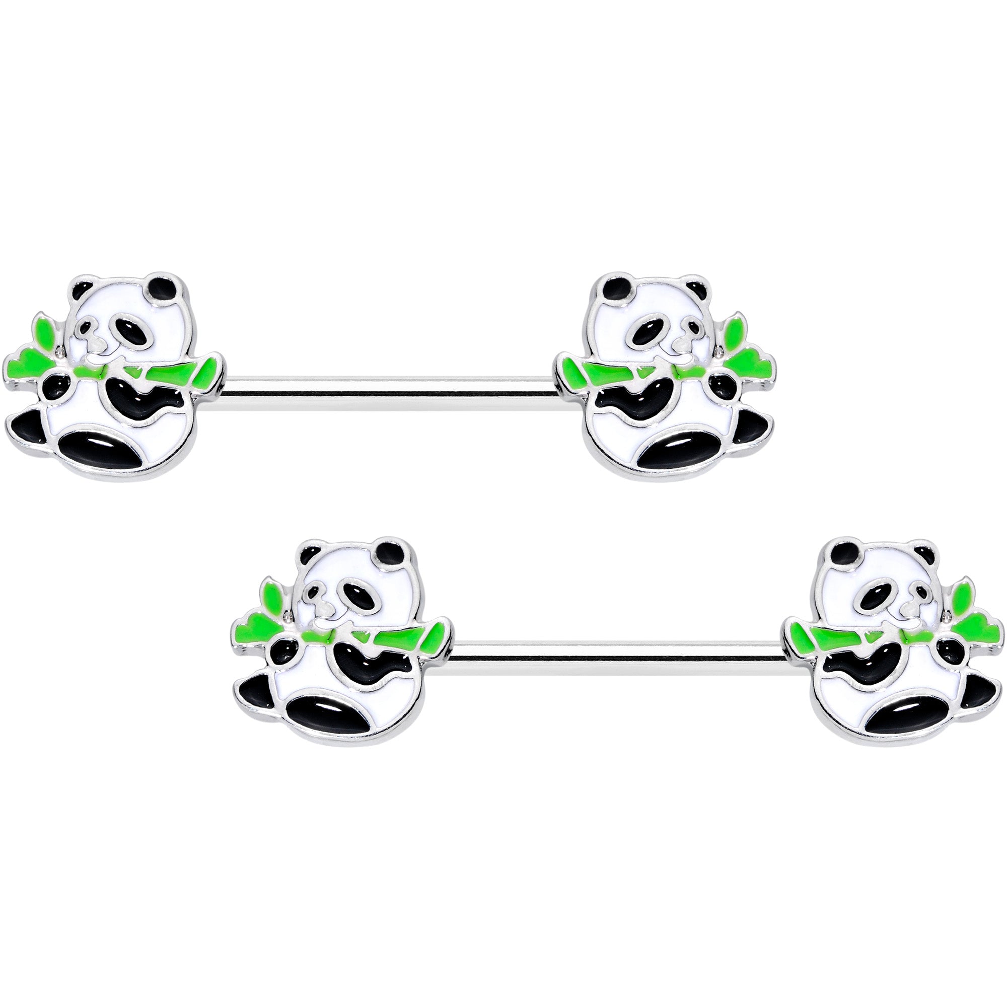 14 Gauge 9/16 Black White Hungry Panda Bear Barbell Nipple Ring Set