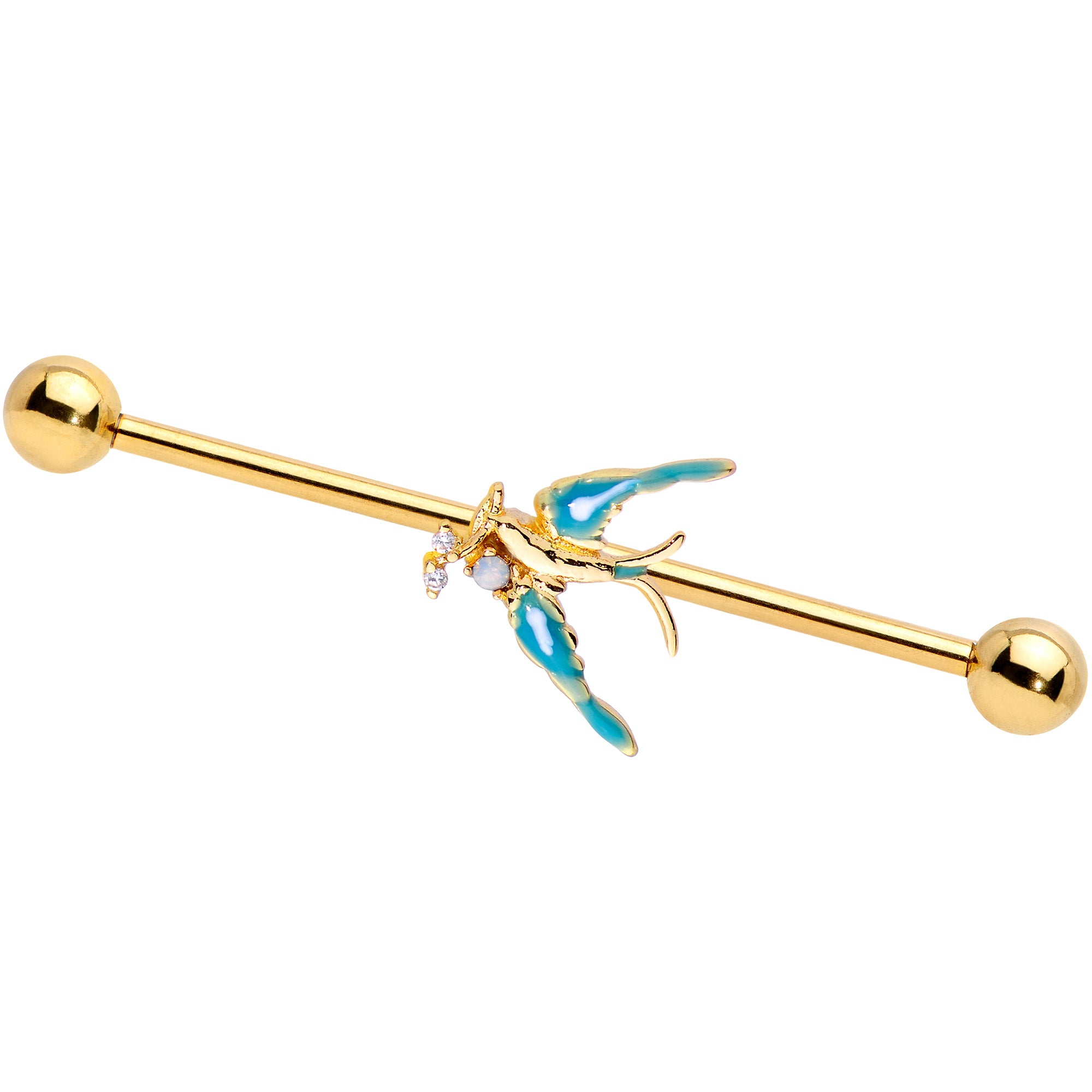 14 Gauge Clear CZ Gem Gold Tone Swallow Bird Industrial Barbell 38mm