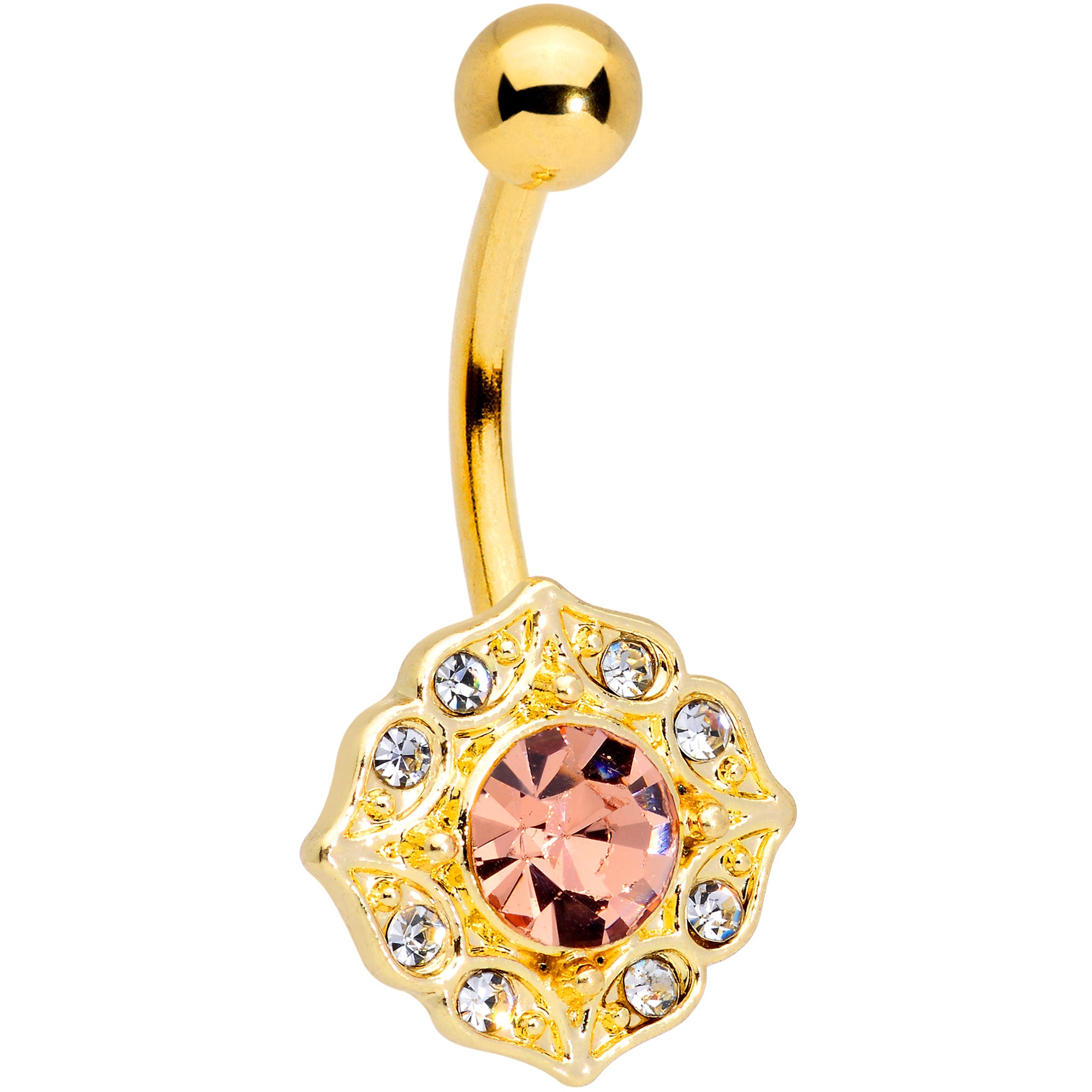 Pink Clear Gem Gold Tone Baroque Elegance Belly Ring