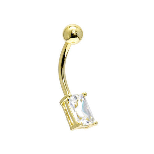 16 Gauge Solid 14KT Yellow Gold Cubic Zirconia RECTANGULAR SOLITAIRE Belly Ring