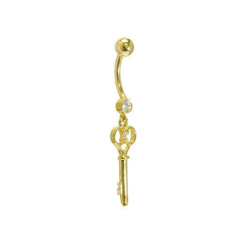 16 Gauge Solid 14KT Yellow Gold Cubic Zirconia SKELETON KEY Belly Ring.