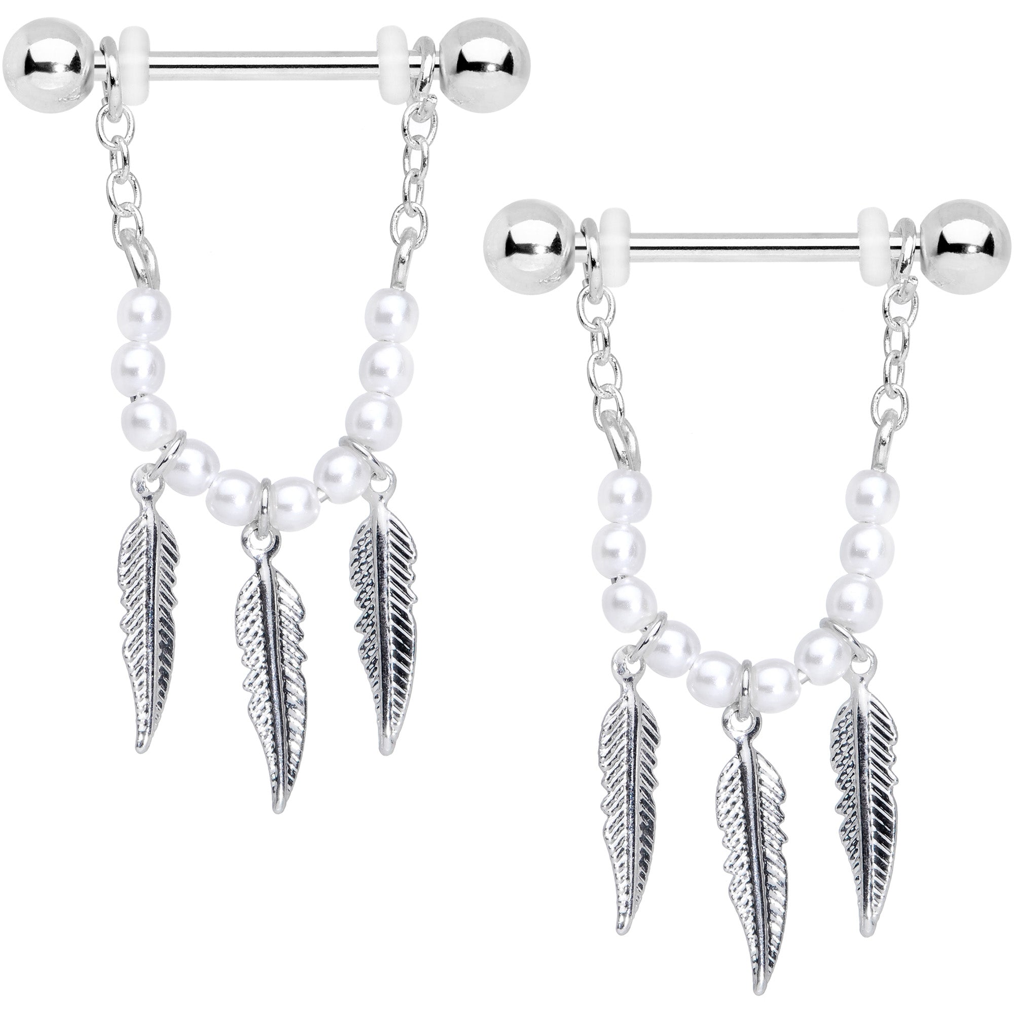 14 Gauge 5/8 White Pearlescent Bead Feather Dangle Nipple Ring Set