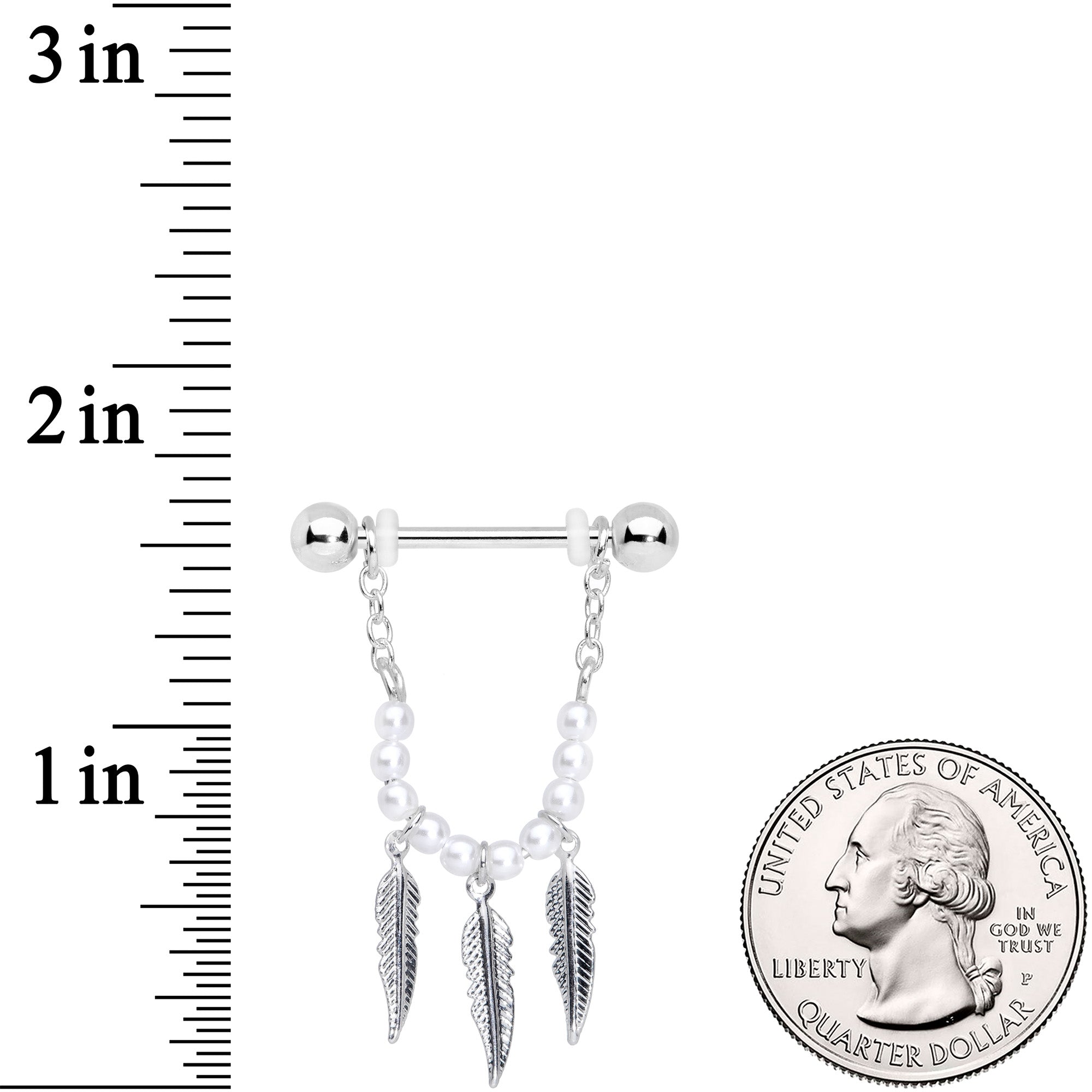 14 Gauge 5/8 White Pearlescent Bead Feather Dangle Nipple Ring Set