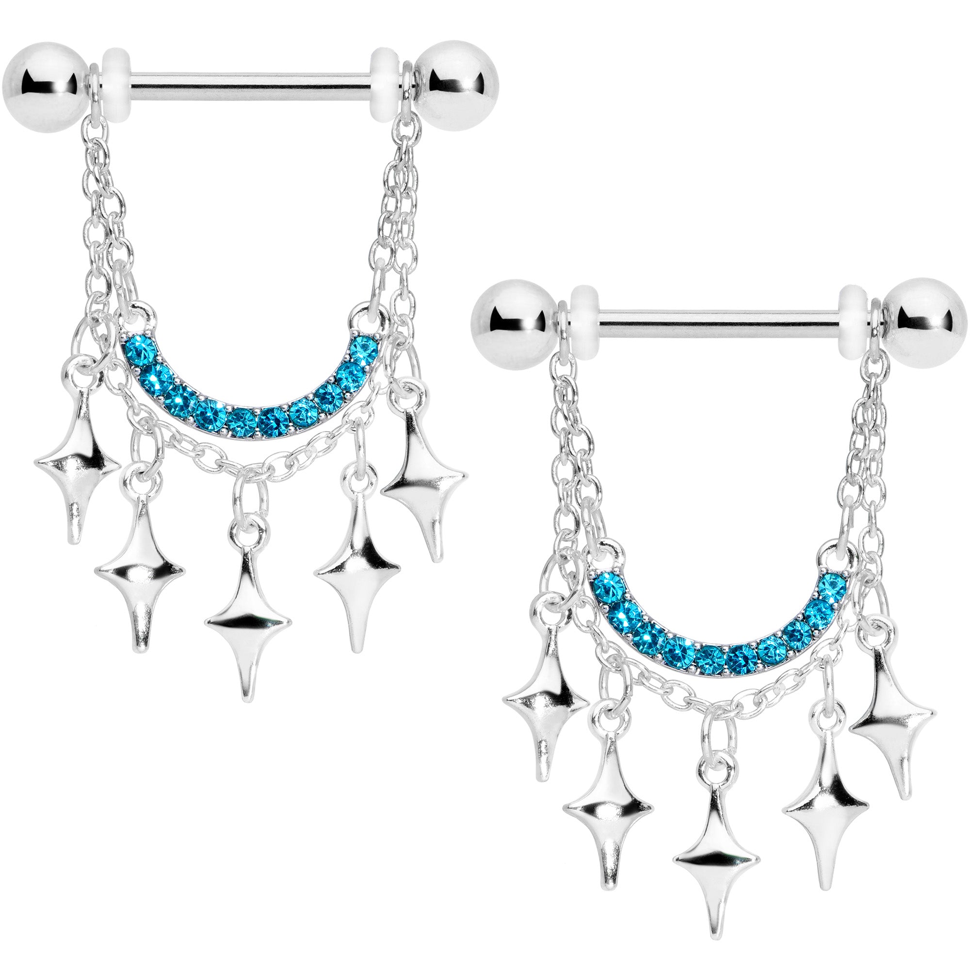 14 Gauge 9/16 Aqua Gem Drama Dangle Nipple Ring Set