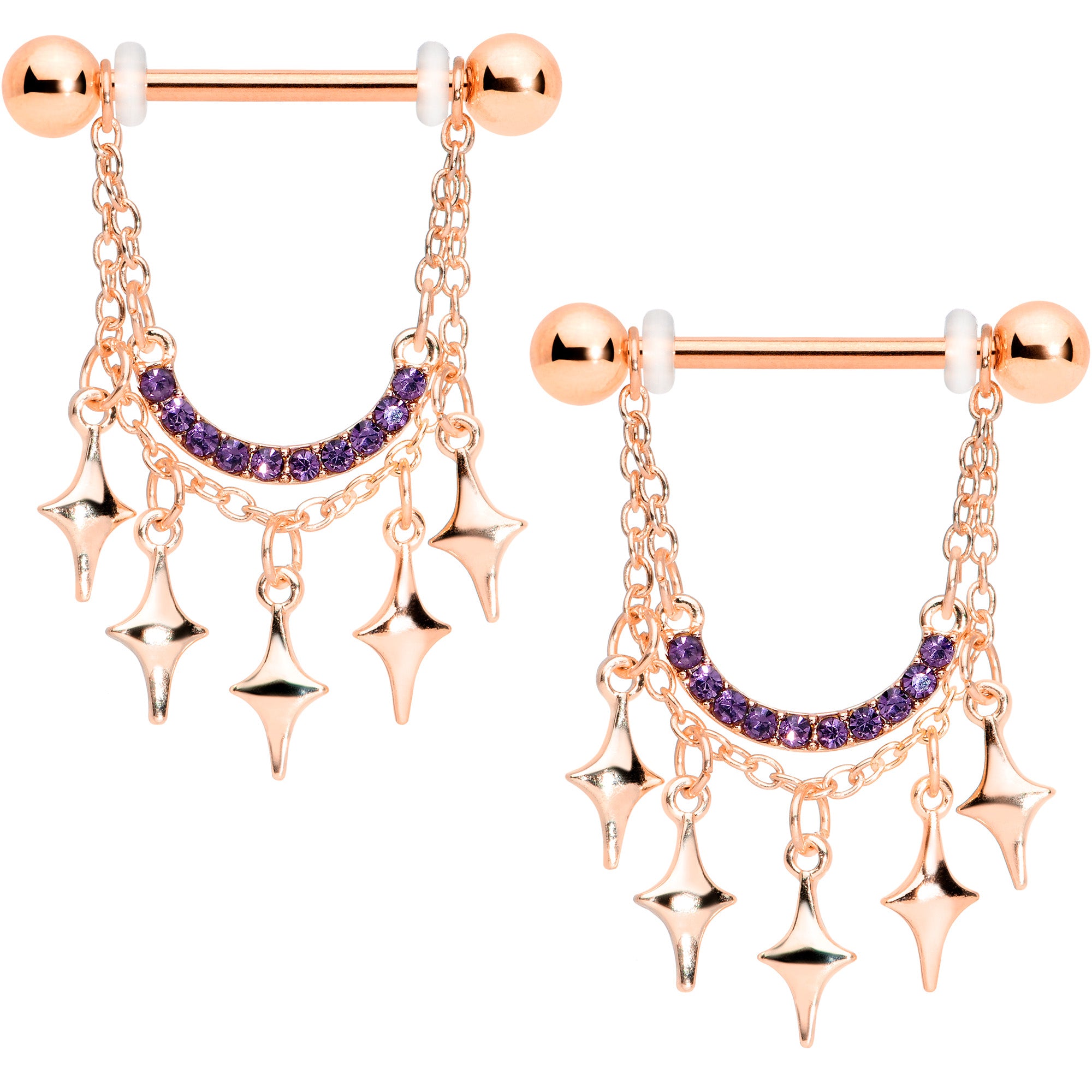 14 Gauge 9/16 Purple Gem Rose Gold Tone Drama Dangle Nipple Ring Set