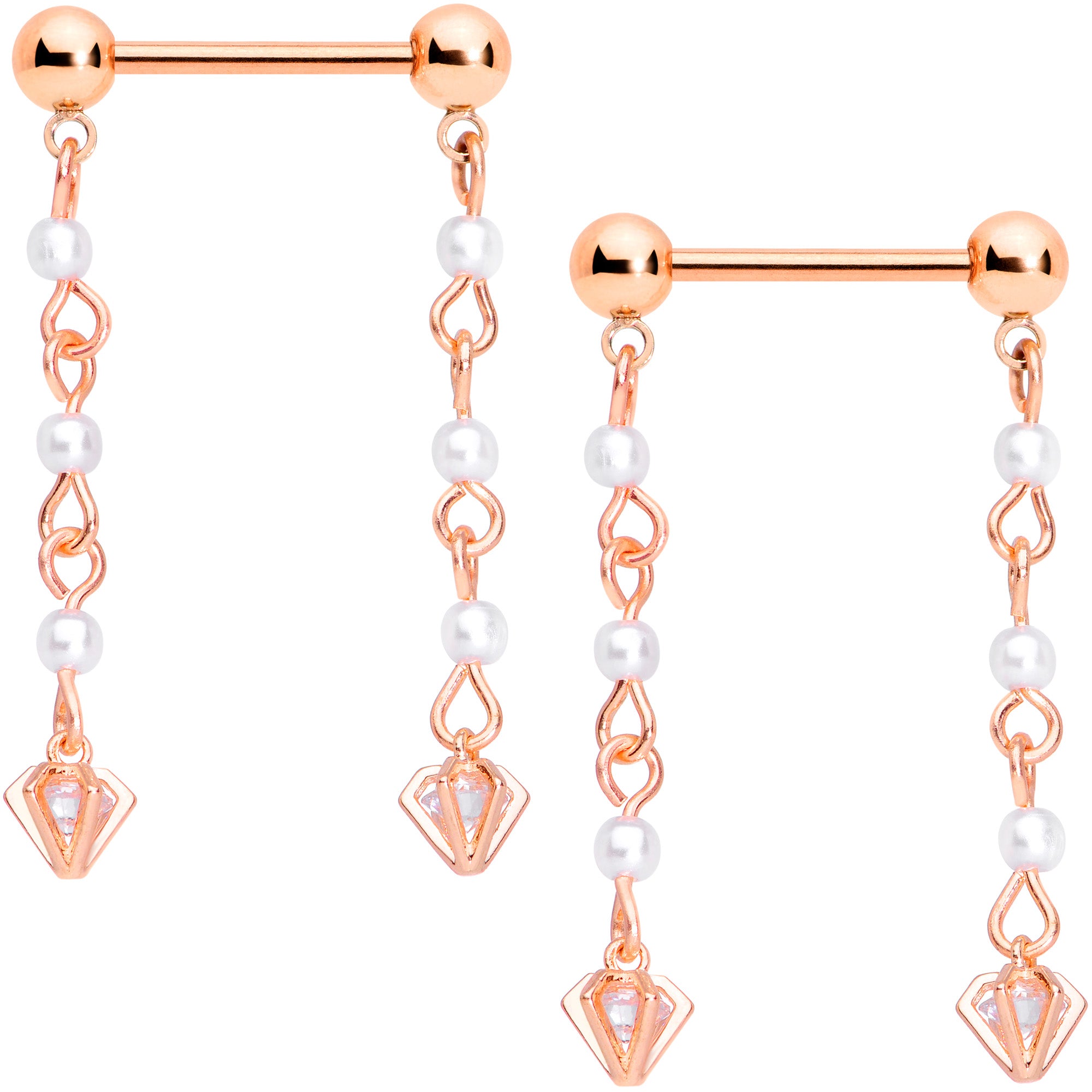 14 Gauge 5/8 Clear CZ Gem Rose Gold Tone Orb Dangle Nipple Ring Set