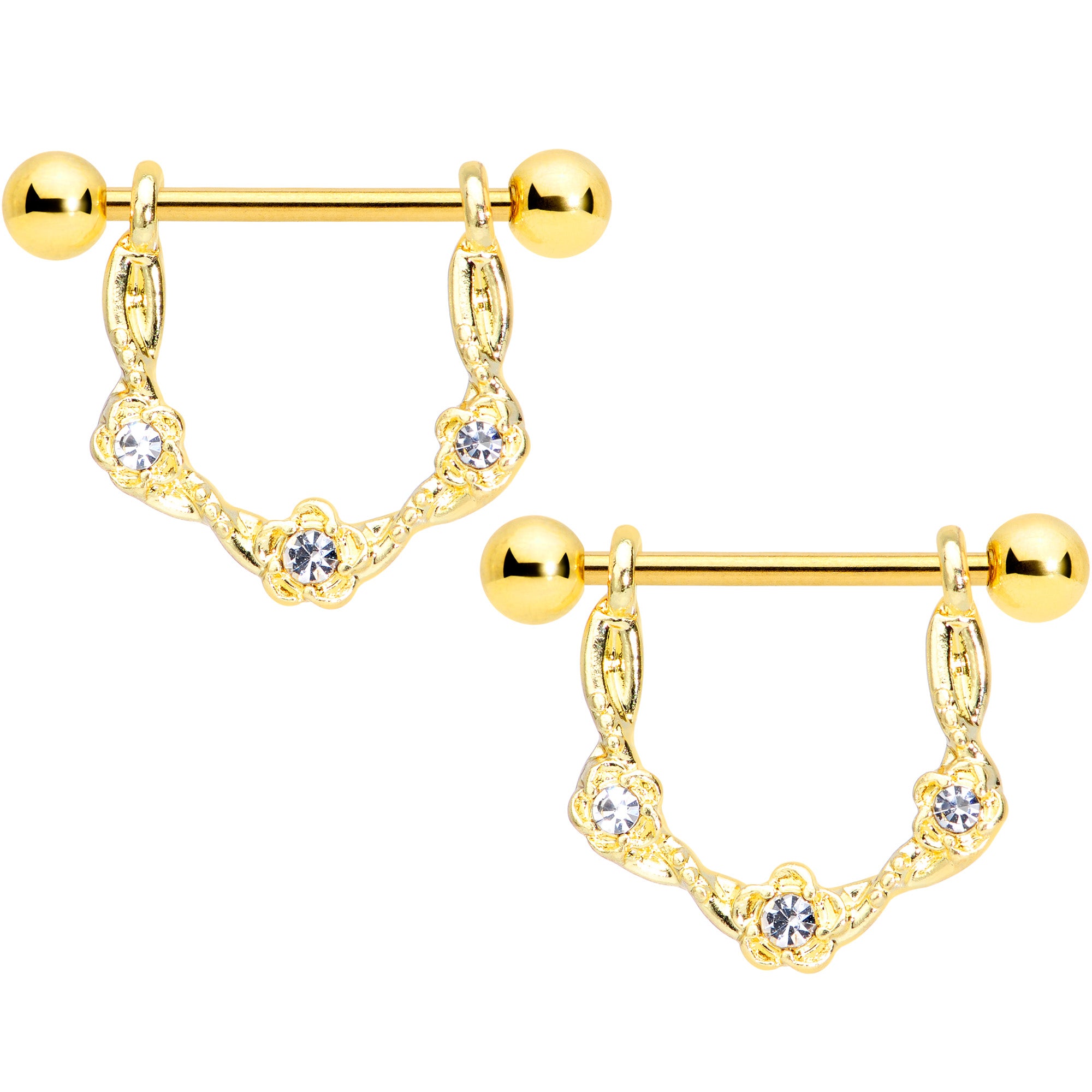 14 Gauge 5/8 Clear Gem Gold Tone Flower Dangle Nipple Ring Set