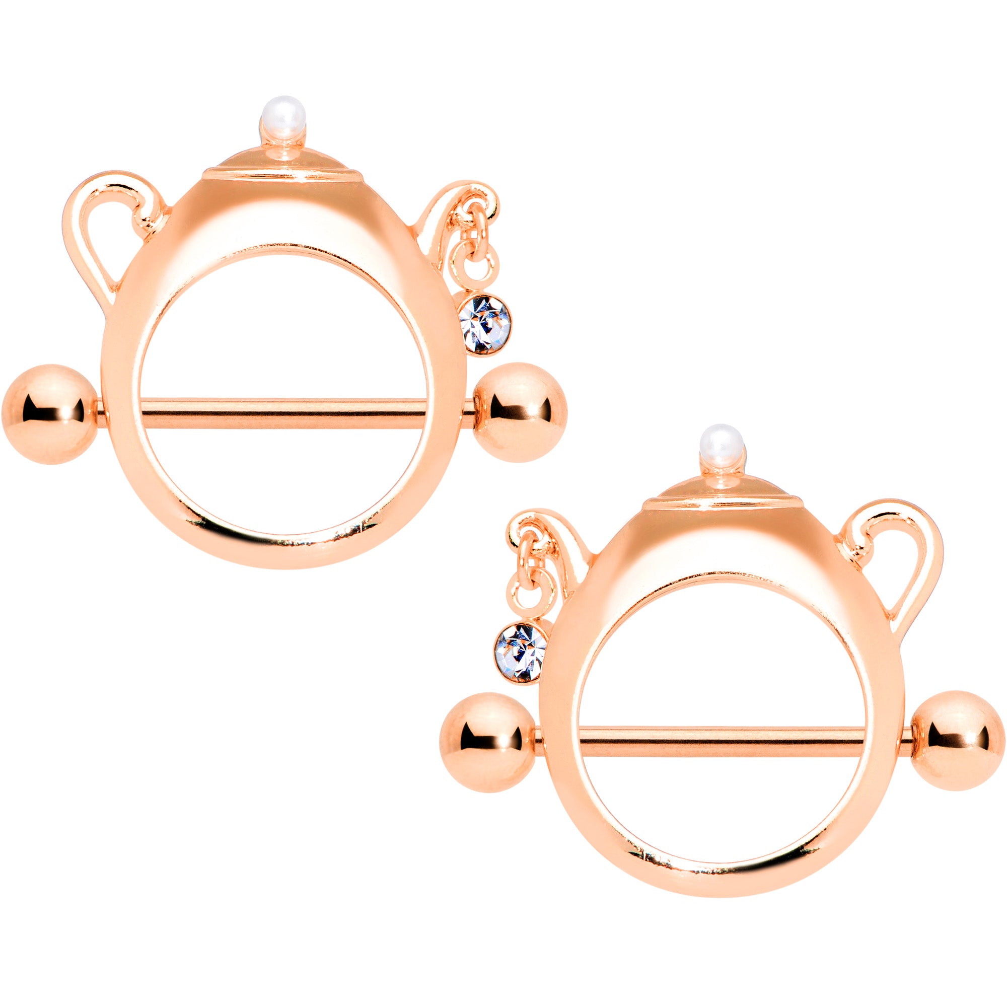 14 Gauge 5/8 Clear Gem Rose Gold Tone Teapot Nipple Shield Set