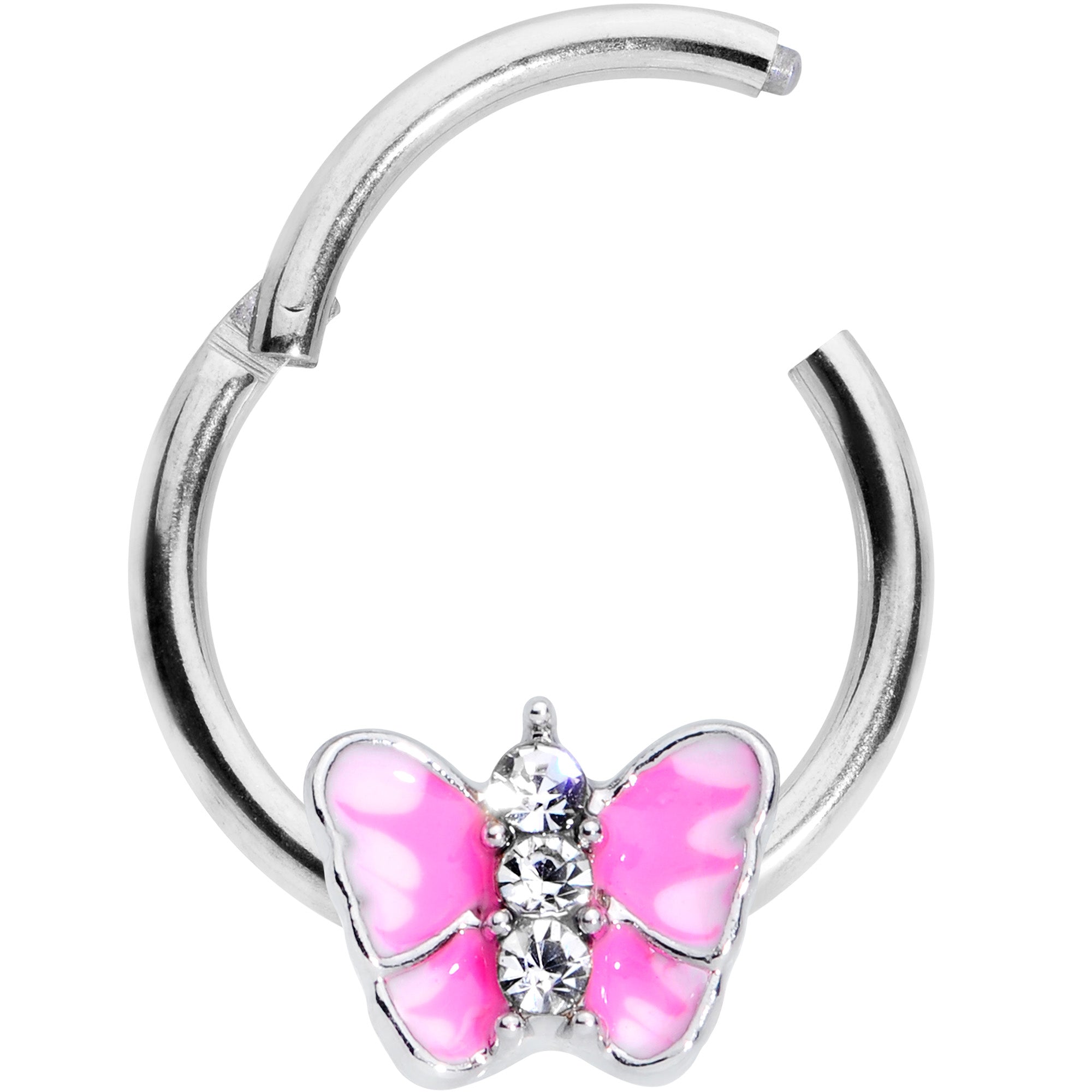 16 Gauge 3/8 Clear Gem Pink Butterfly Septum Ring