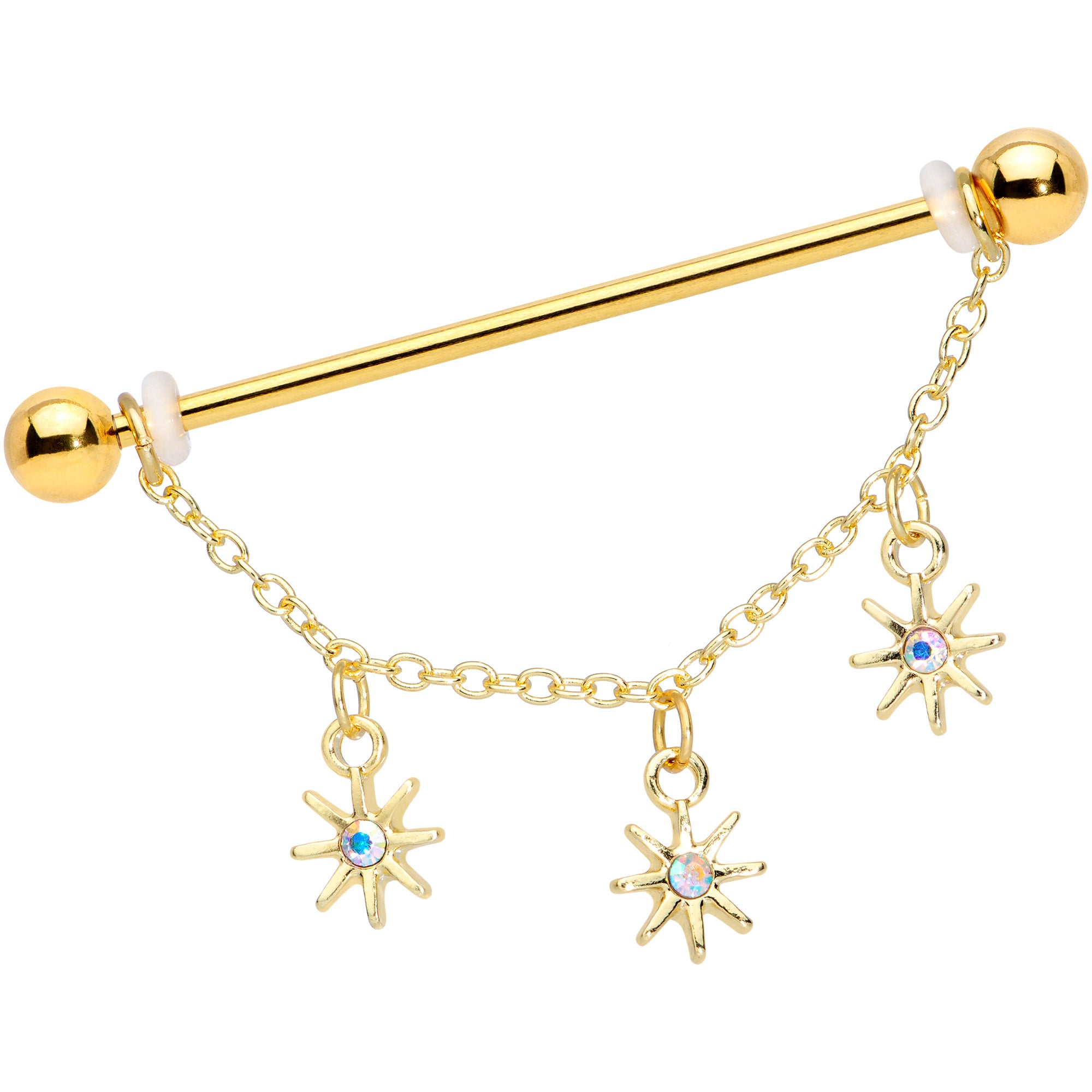 14 Gauge Aurora Gem Gold Tone Stars Dangle Industrial Barbell 38mm