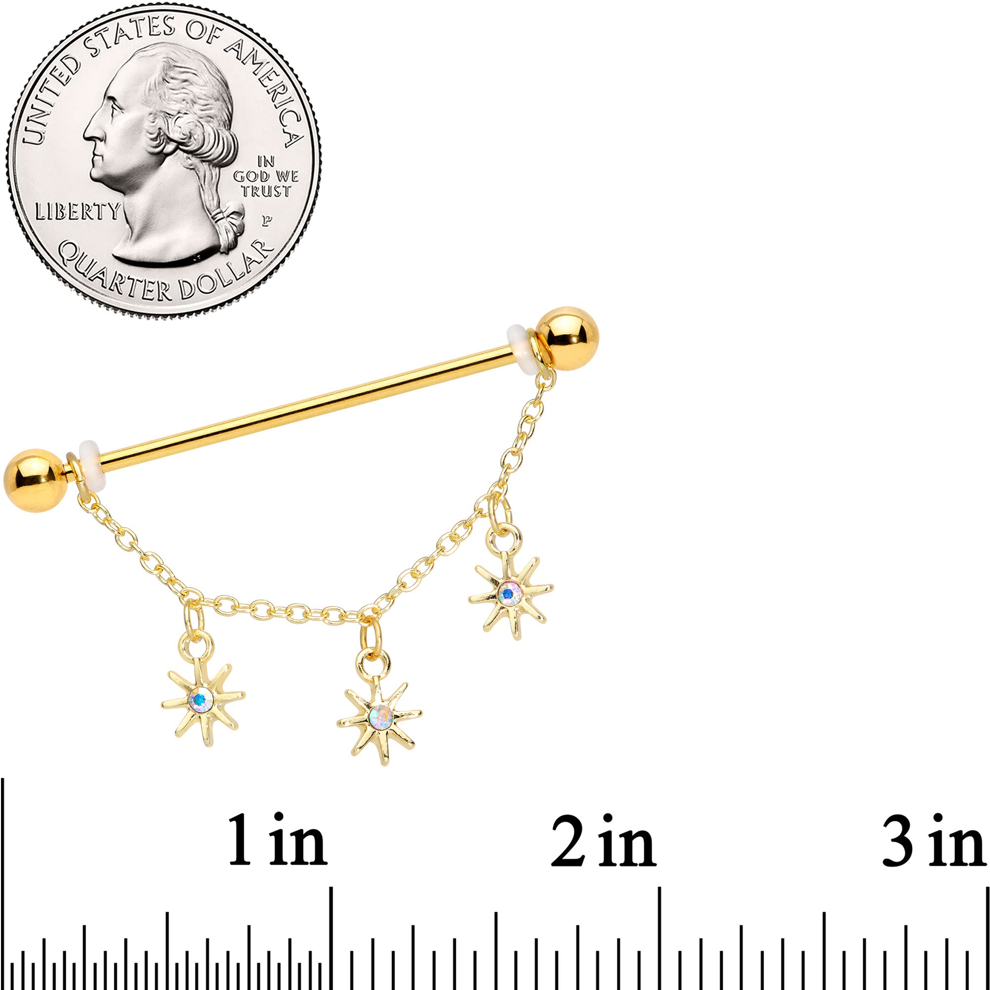 14 Gauge Aurora Gem Gold Tone Stars Dangle Industrial Barbell 38mm