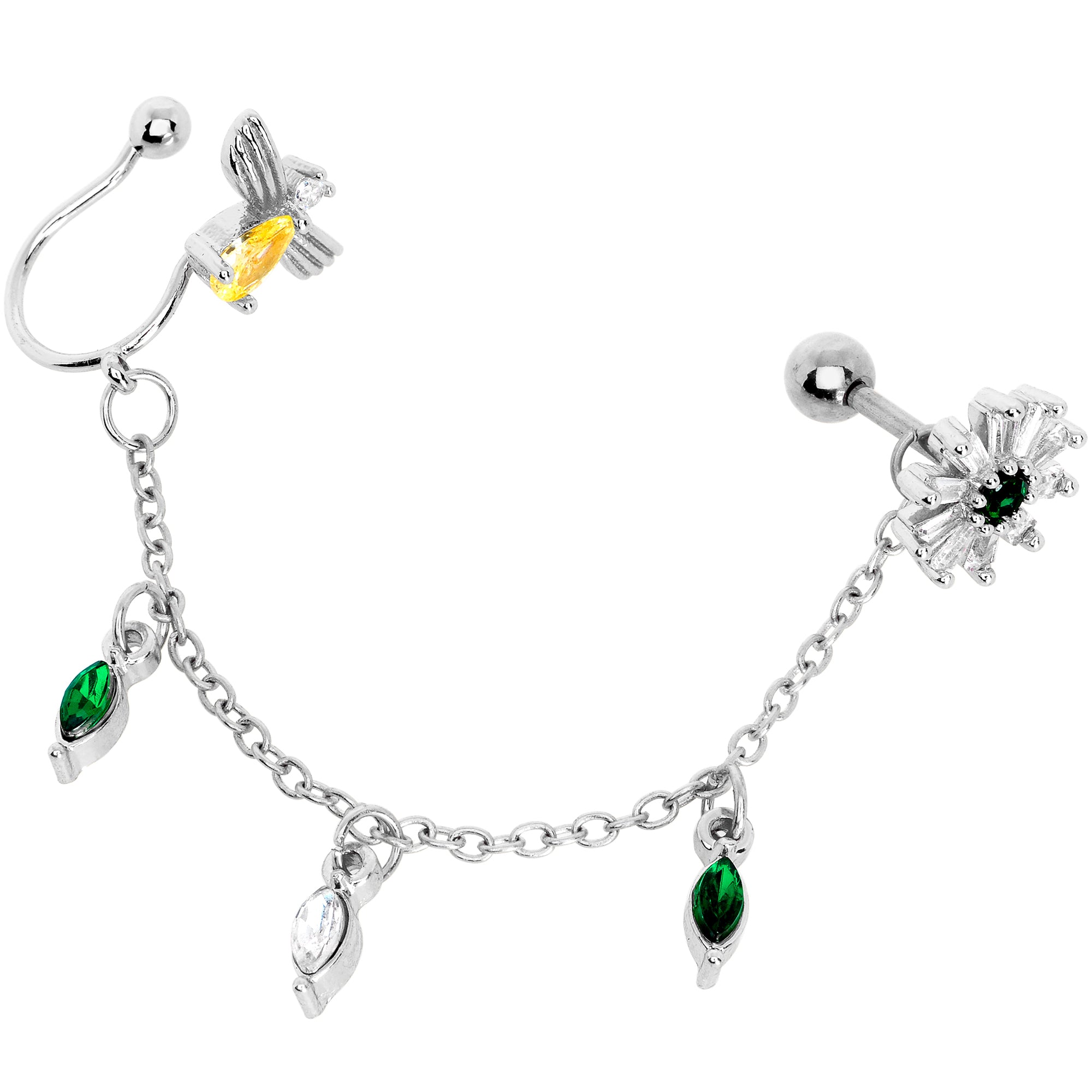 16 Gauge 1/4 Yellow Green Gem Angel Cuff Chain Right Cartilage Tragus