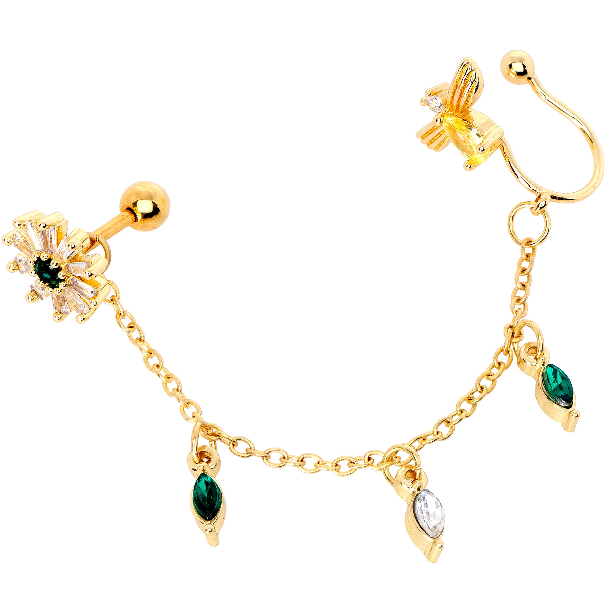 16 Gauge 1/4 Green Gem Gold Tone Angel Cuff Chain Right Cartilage