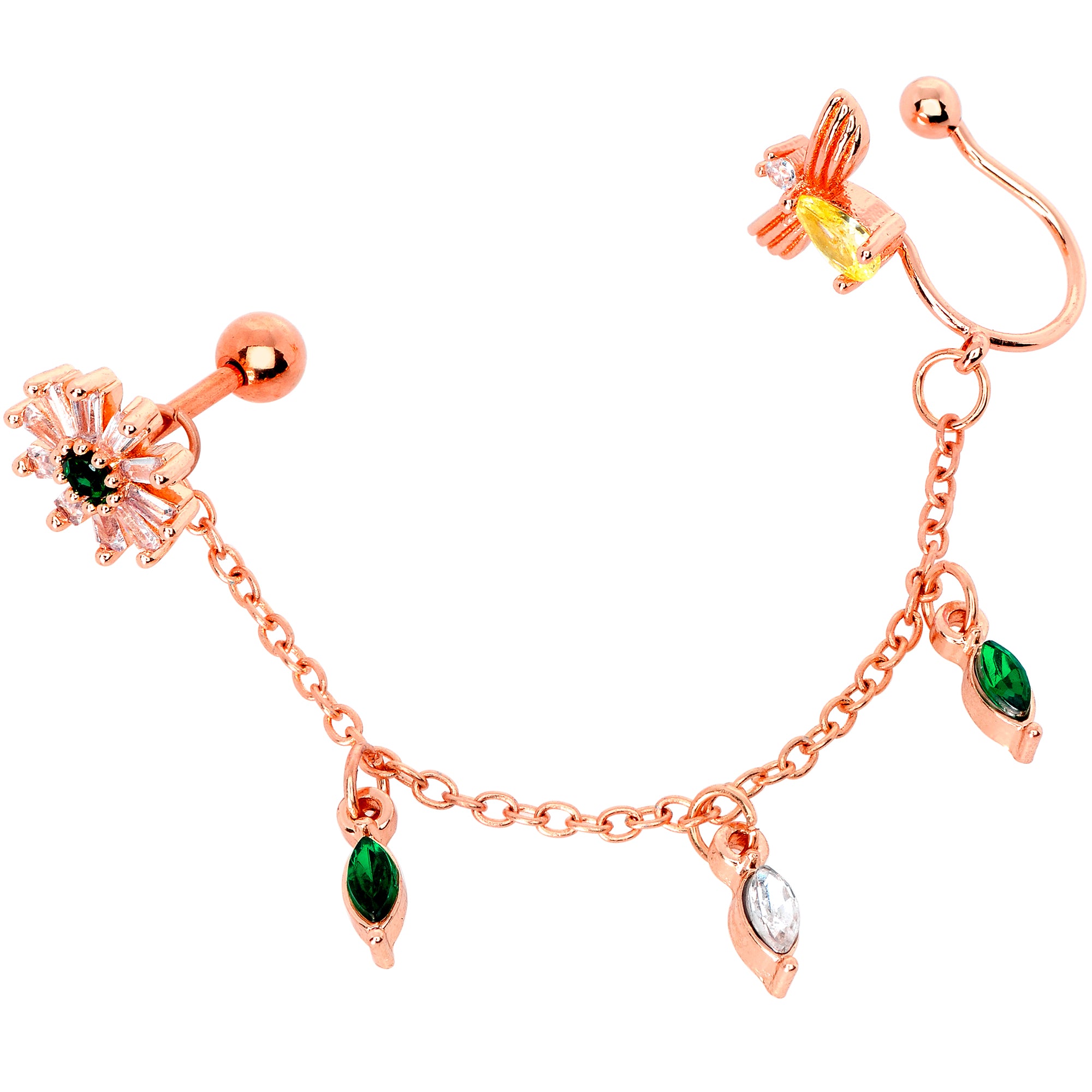 16 Gauge 1/4 Green Gem Rose Gold Hue Angel Cuff Chain Right Cartilage