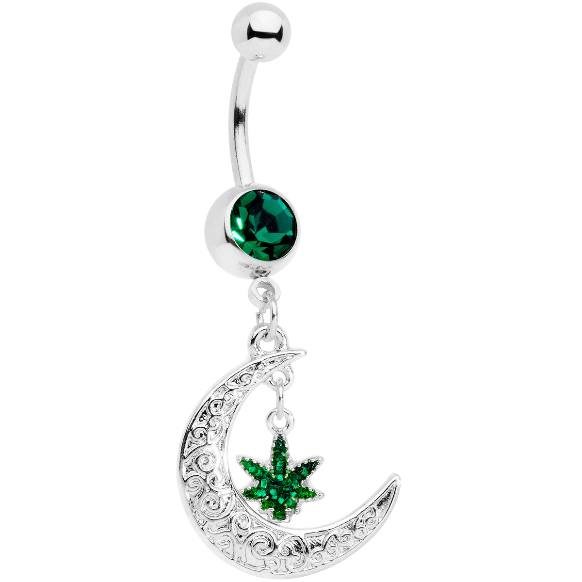 Green Gem Marijuana Pot Leaf Moon Dangle Belly Ring