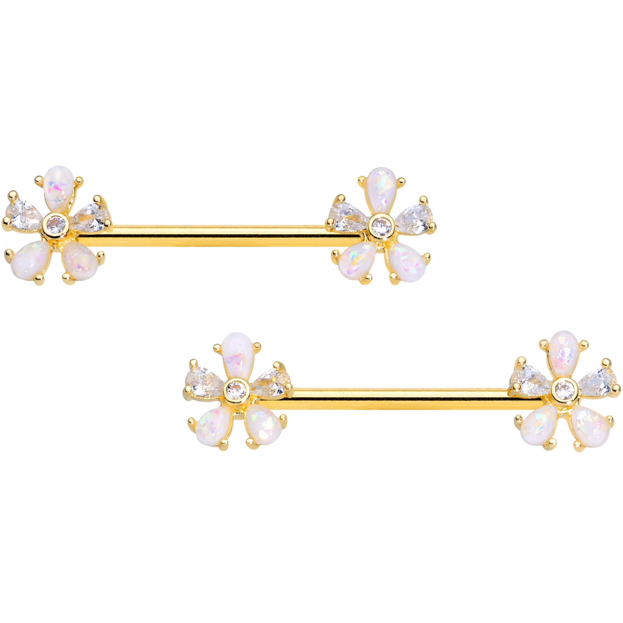 14 Gauge 9/16 White Faux Opal Gold Tone Flower Barbell Nipple Ring Set