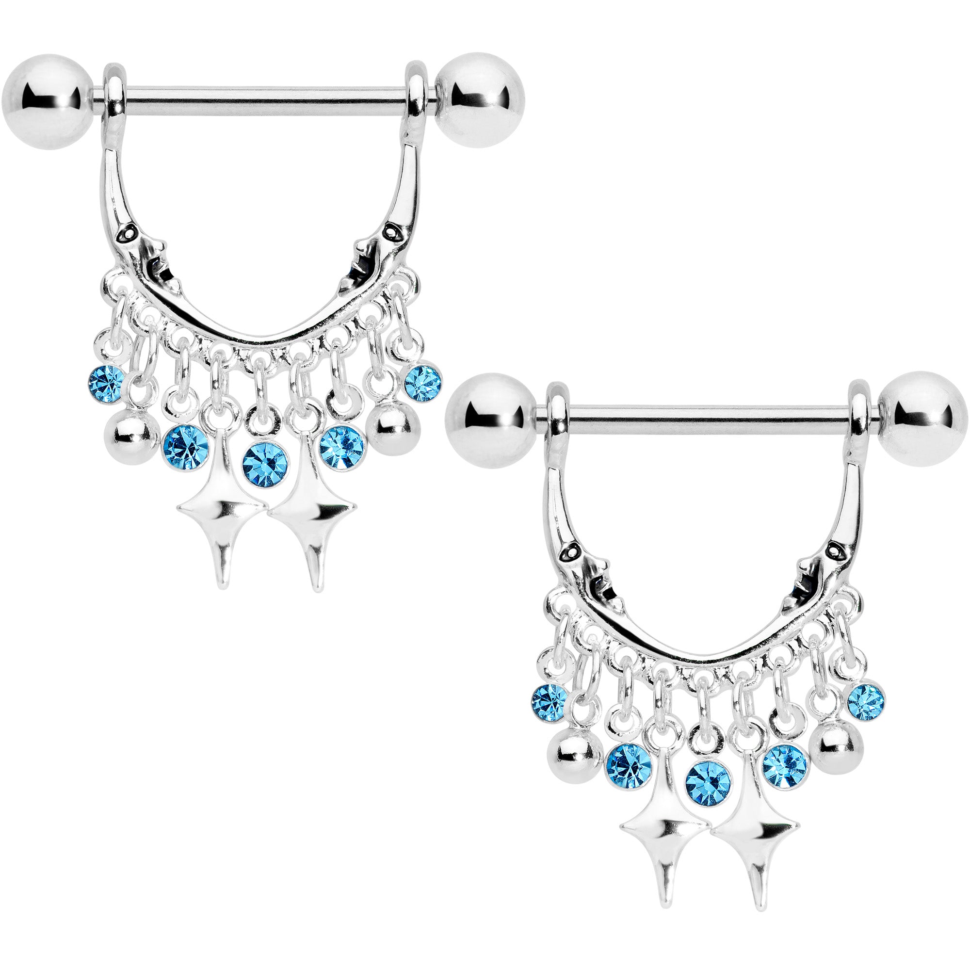 14 Gauge 5/8 Aqua Gem Moons Dangle Nipple Ring Set