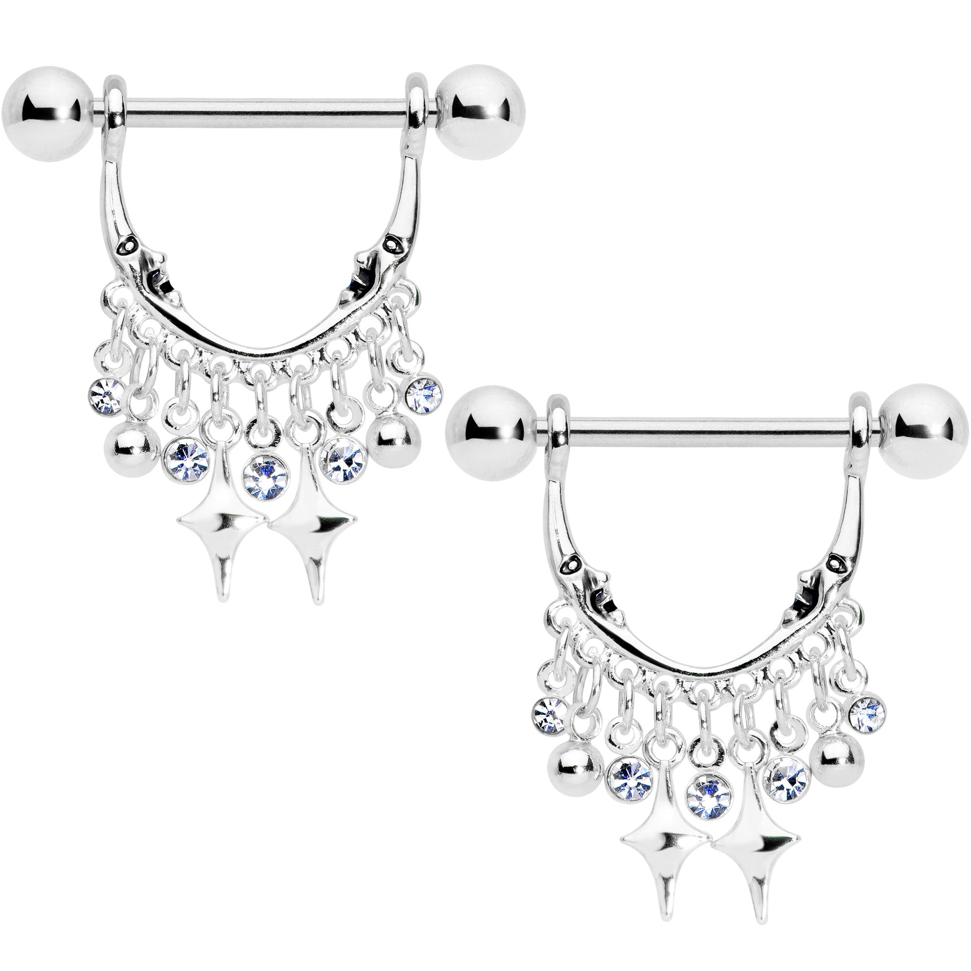 14 Gauge 5/8 Clear Gem Moons Dangle Nipple Ring Set