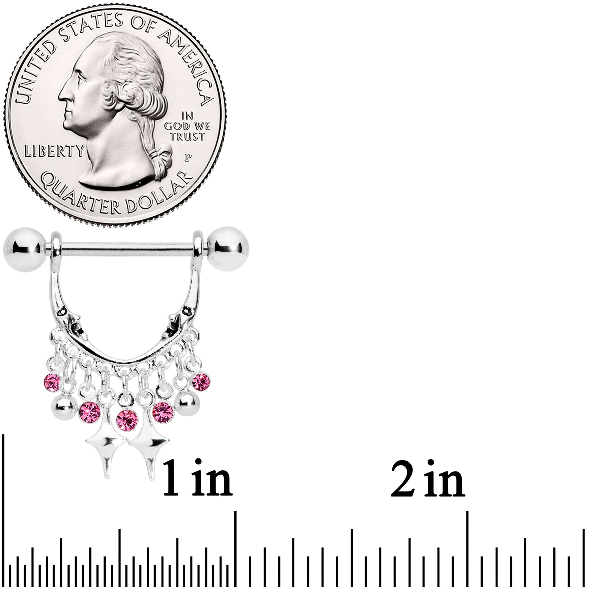 14 Gauge 5/8 Pink Gem Moons Dangle Nipple Ring Set