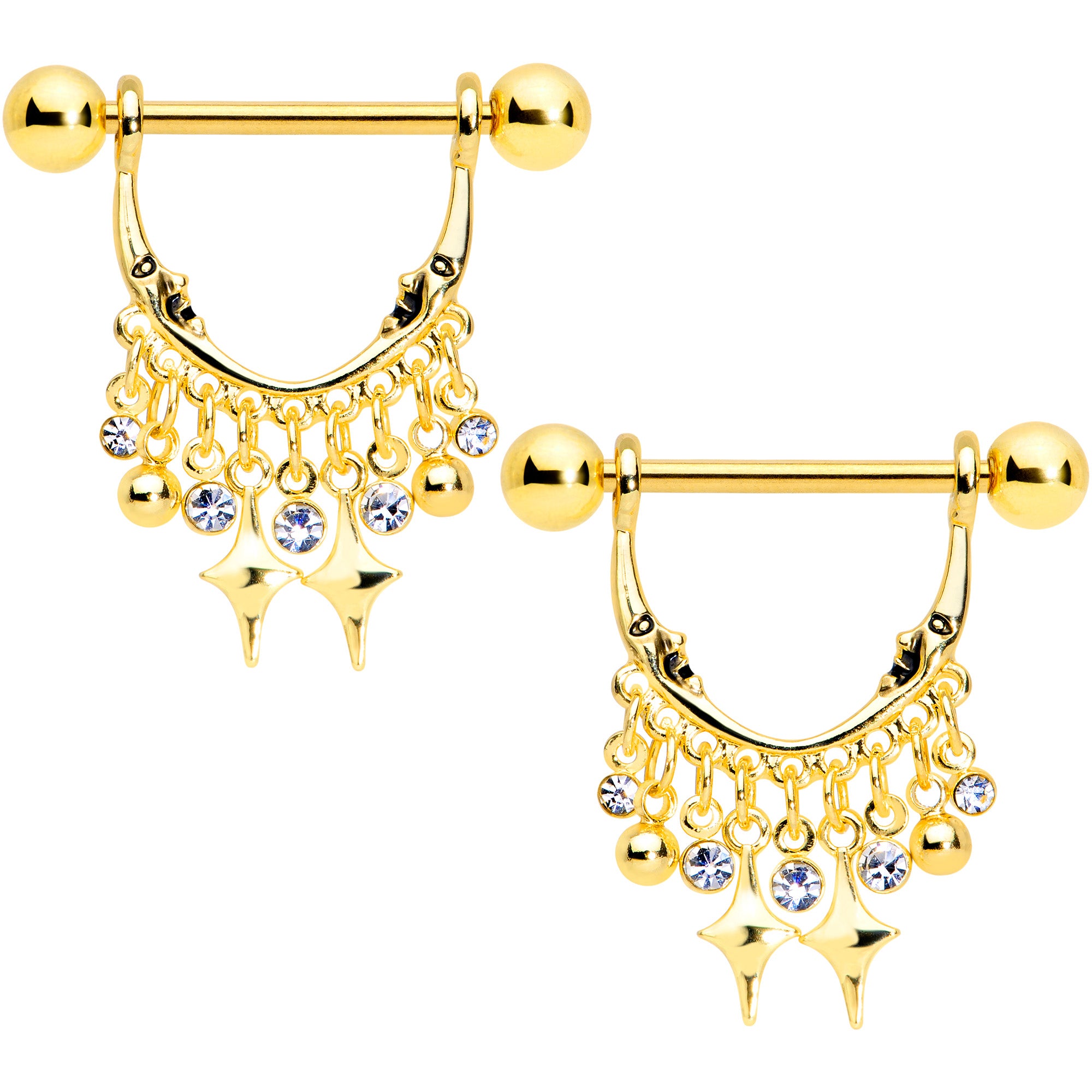 14 Gauge 5/8 Clear Gem Gold Tone Moons Dangle Nipple Ring Set