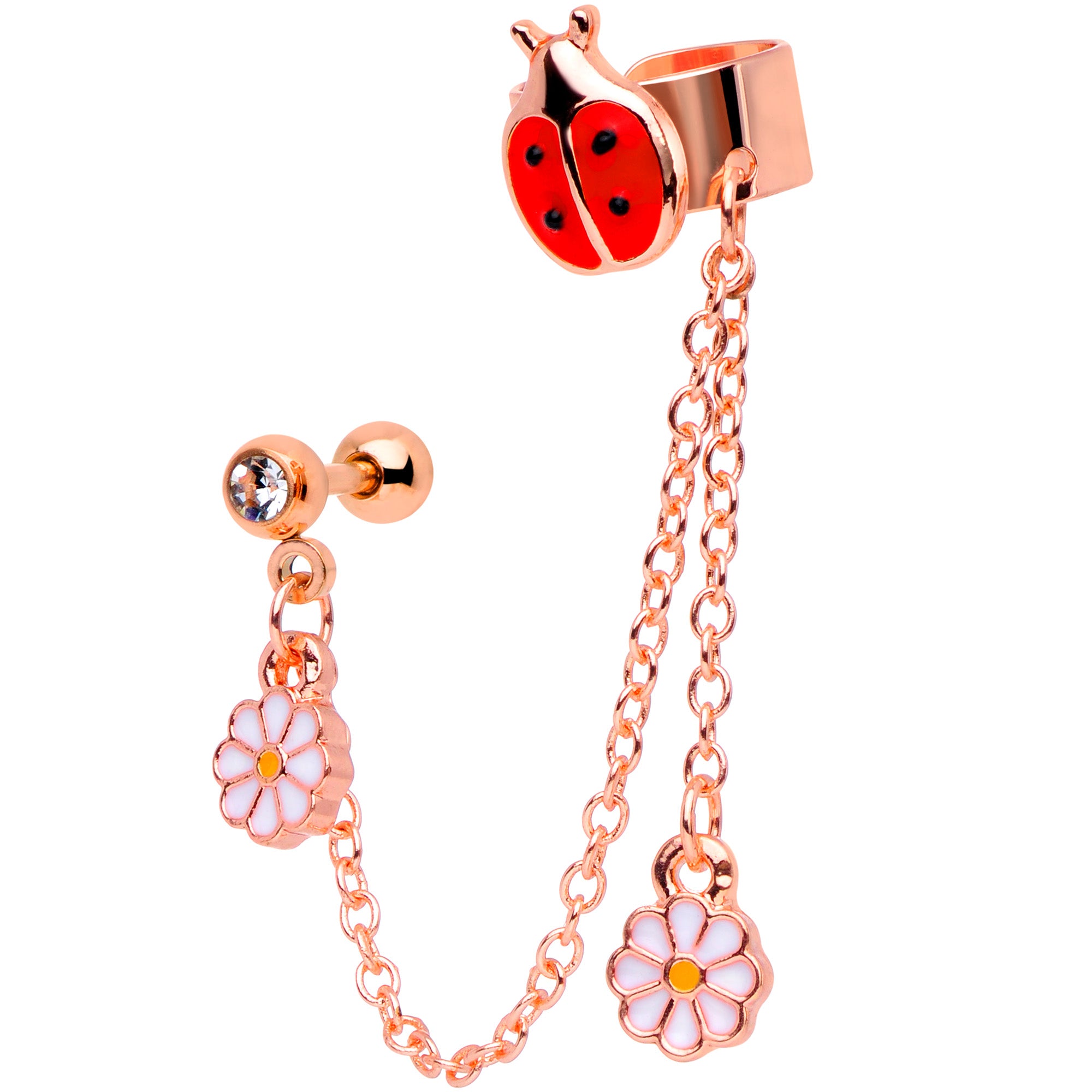 16 Gauge Rose Gold Tone Ladybug Flower Left Cuff Chain Cartilage Ring