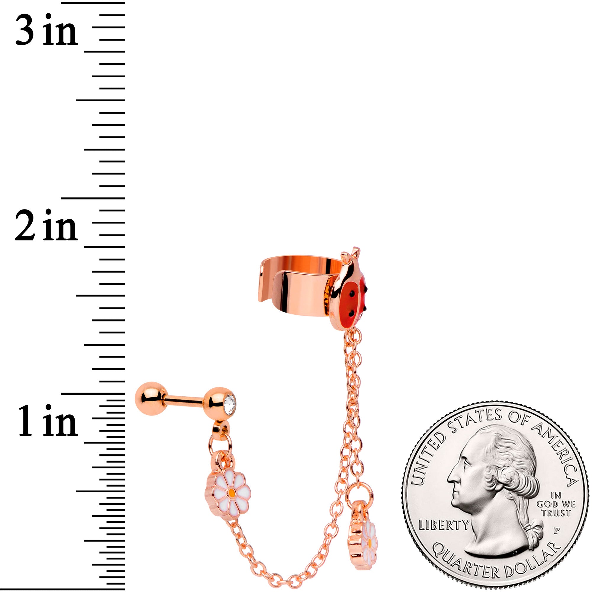 16 Gauge Rose Gold Tone Ladybug Flower Left Cuff Chain Cartilage Ring