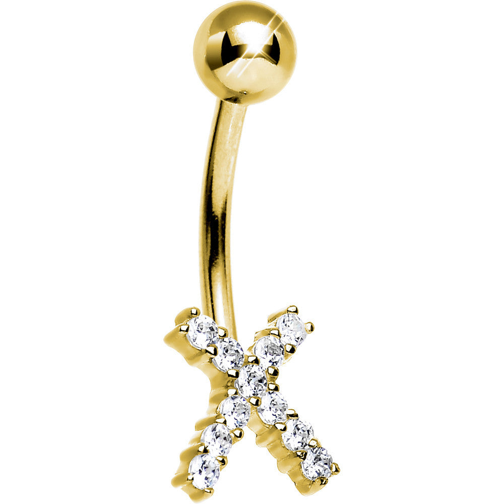 16 Gauge Solid 14KT Yellow Gold Cubic Zirconia X-SPOT Belly Ring