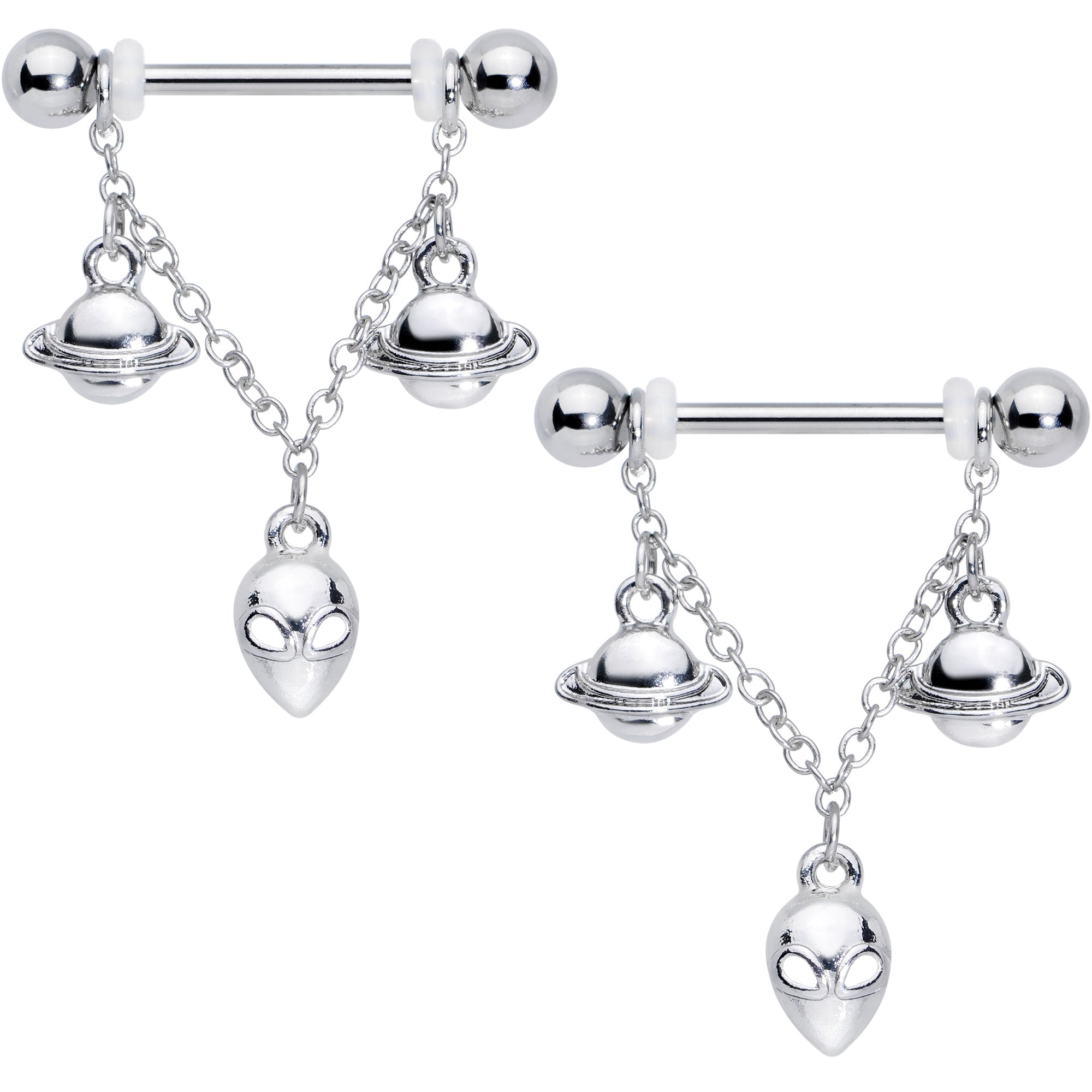 14 Gauge 5/8 Saturn Alien Dangle Nipple Ring Set