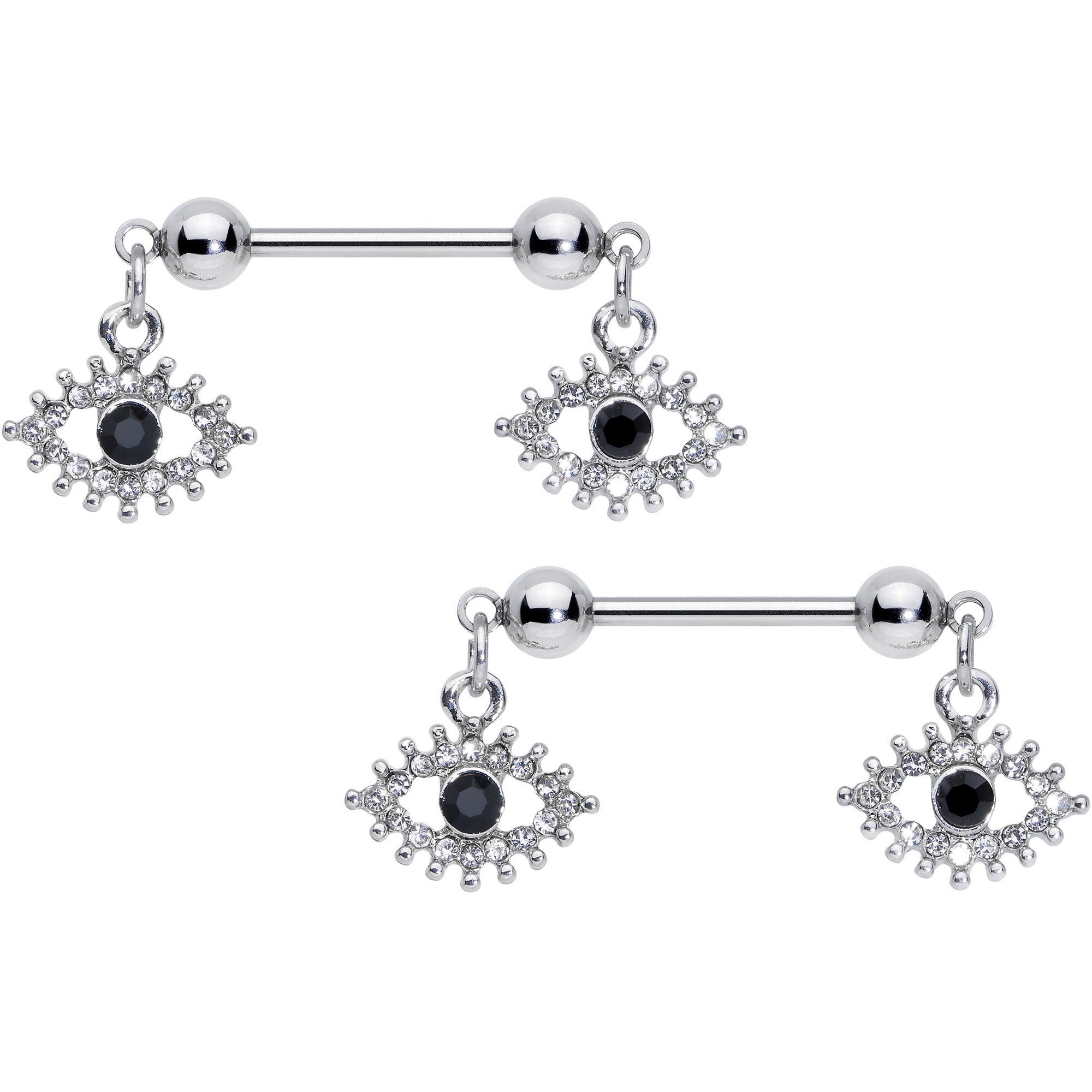 14 Gauge 9/16 Clear Black Gem Open Eye Dangle Nipple Ring Set