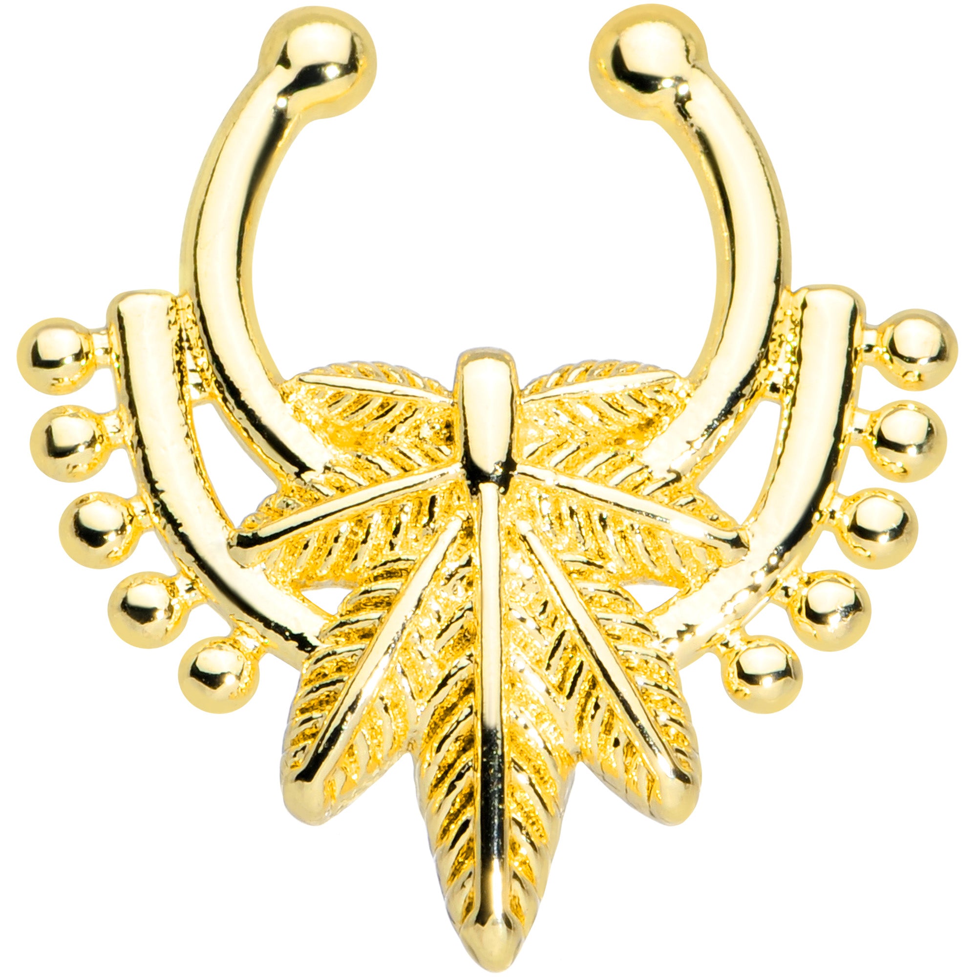 Gold Tone Ornate Pot Leaf Clip On Fake Septum Ring