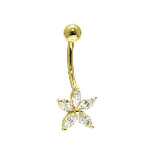 16 Gauge Solid 14KT Yellow Gold Cubic Zirconia LILY Belly Ring