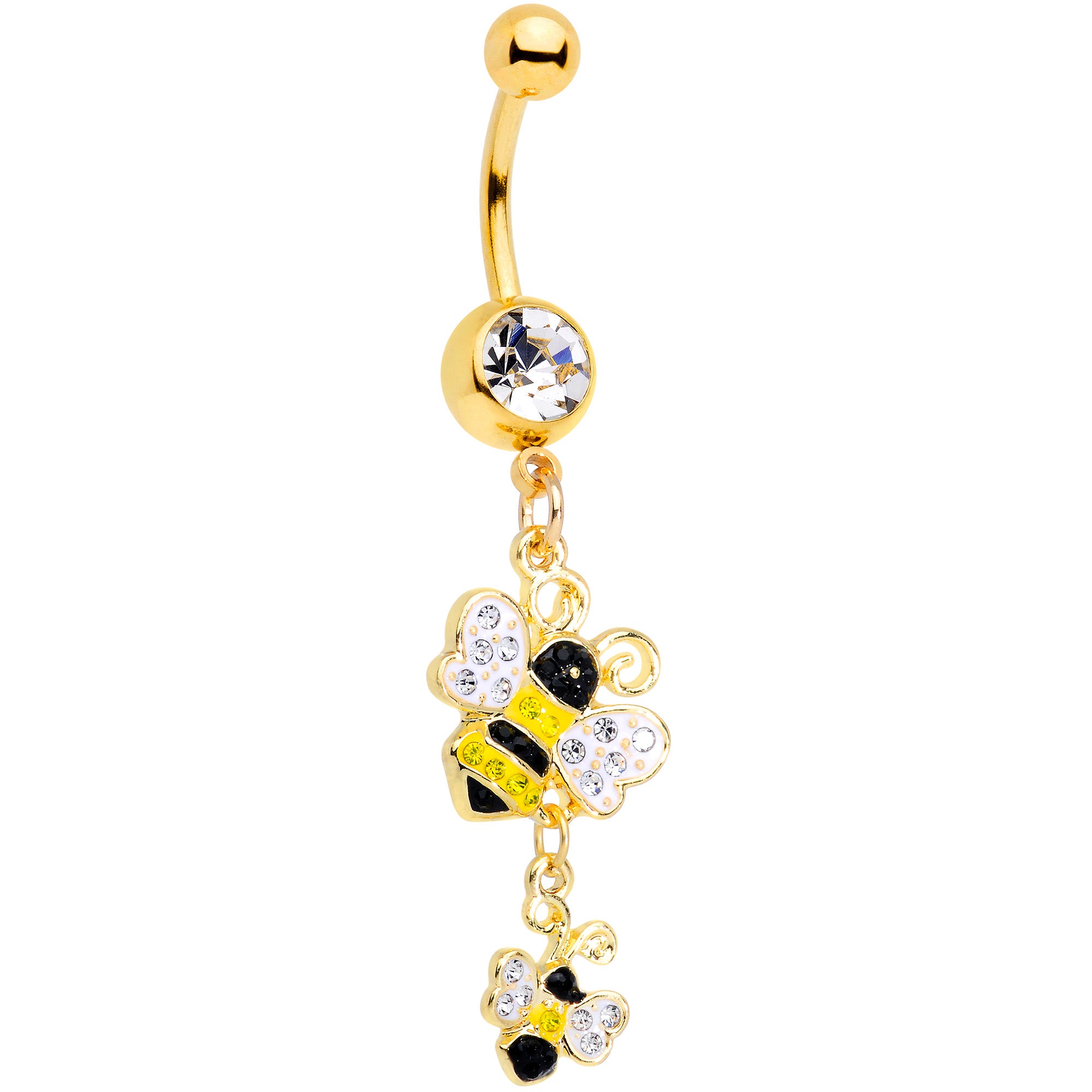 Clear Yellow Black Gem Gold Tone Happy Honey Bees Dangle Belly Ring