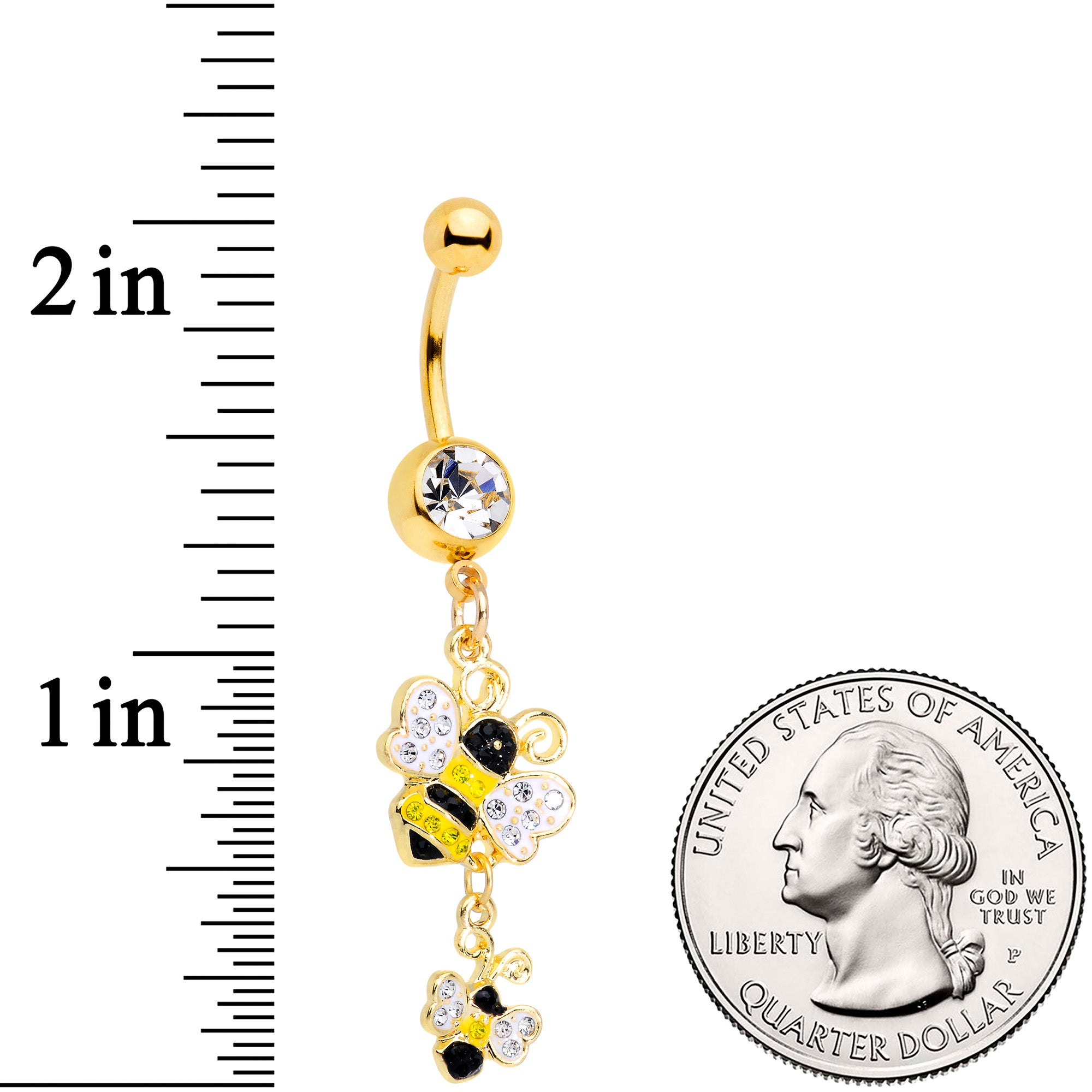 Clear Yellow Black Gem Gold Tone Happy Honey Bees Dangle Belly Ring