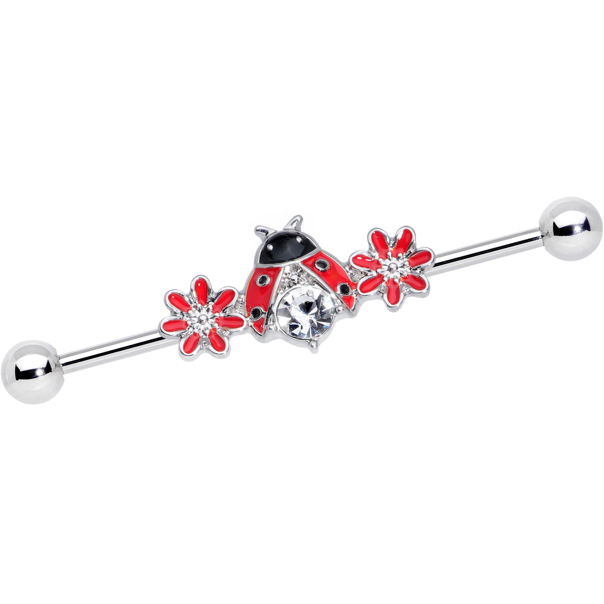 14 Gauge Clear Gem Red Flowers Ladybug Industrial Barbell 38mm