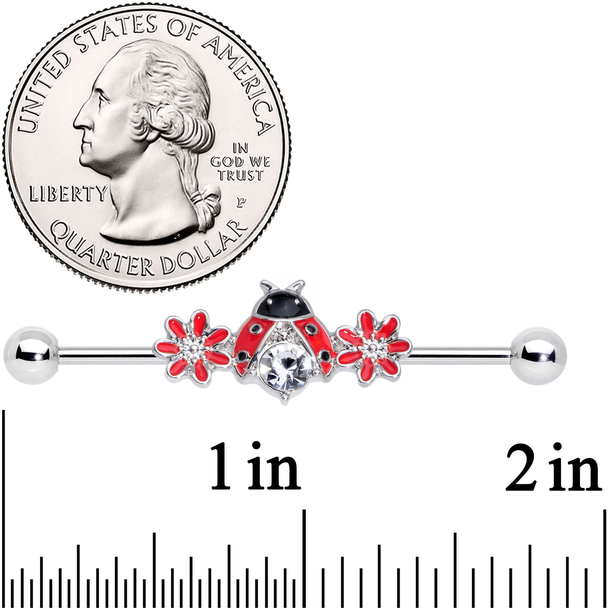 14 Gauge Clear Gem Red Flowers Ladybug Industrial Barbell 38mm