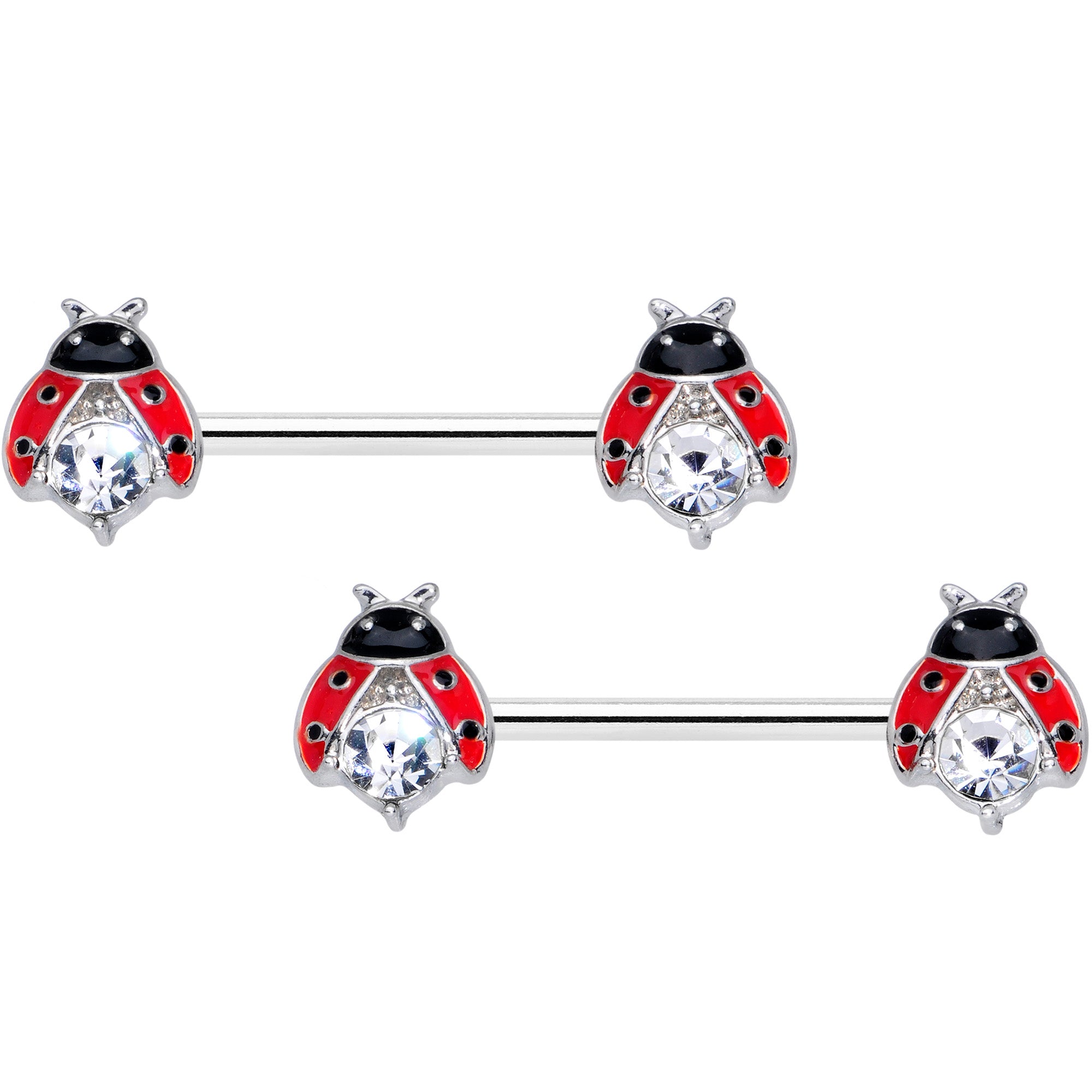 14 Gauge 9/16 Clear Gem Red Black Ladybug Barbell Nipple Ring Set