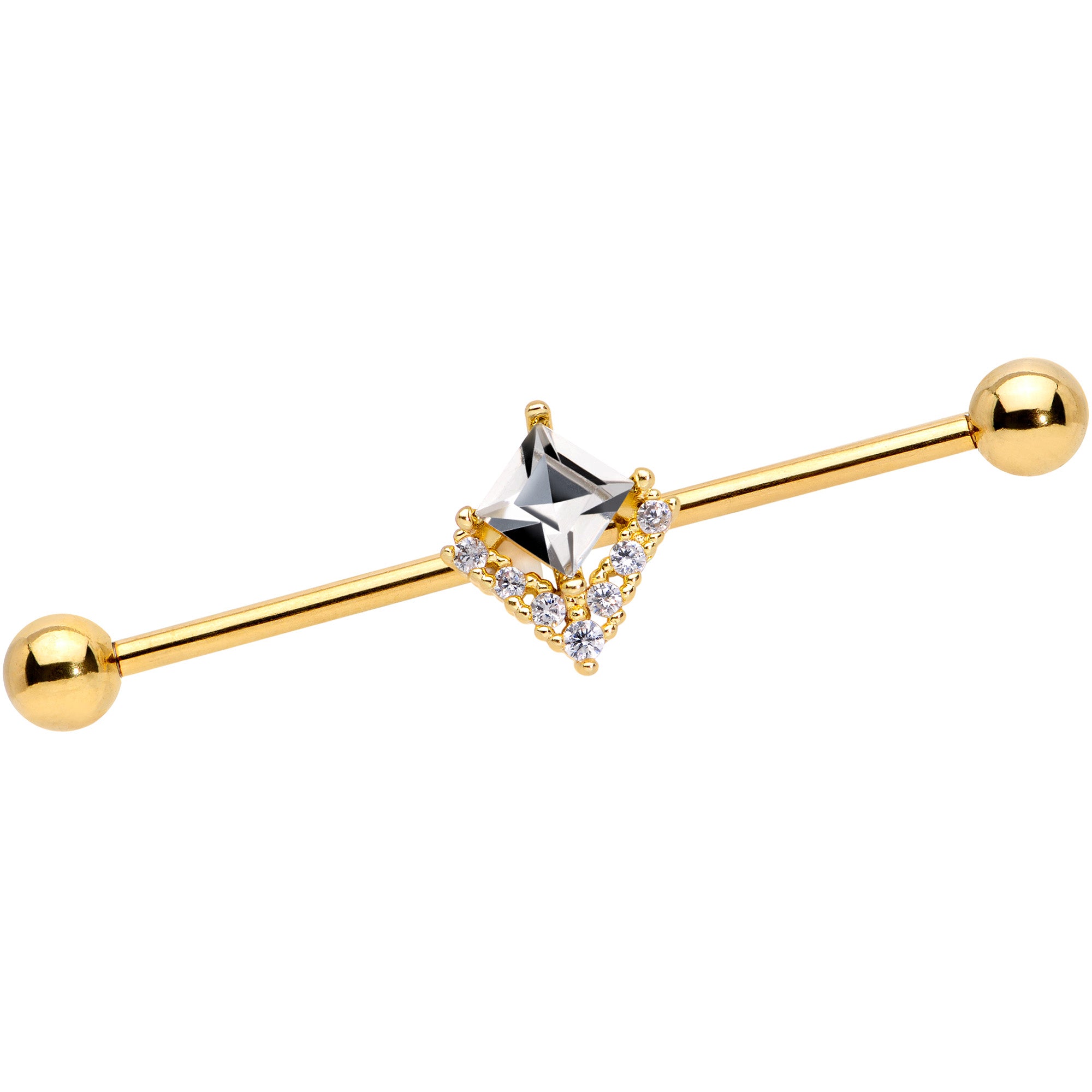 14 Gauge Clear CZ Gem Gold Tone Chevron Industrial Barbell 38mm