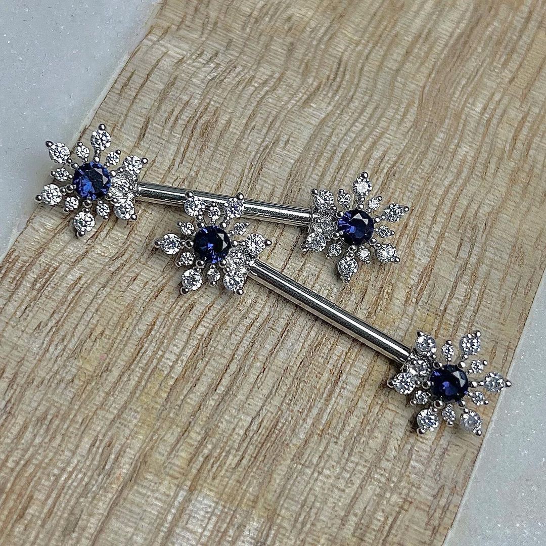 14 Gauge 9/16 Blue CZ Gem Snowflake Christmas Barbell Nipple Ring Set