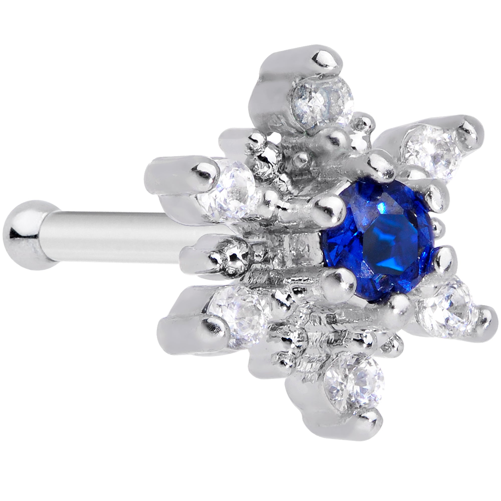 20 Gauge 5/16 Clear Blue CZ Gem Snowflake Christmas Nose Bone