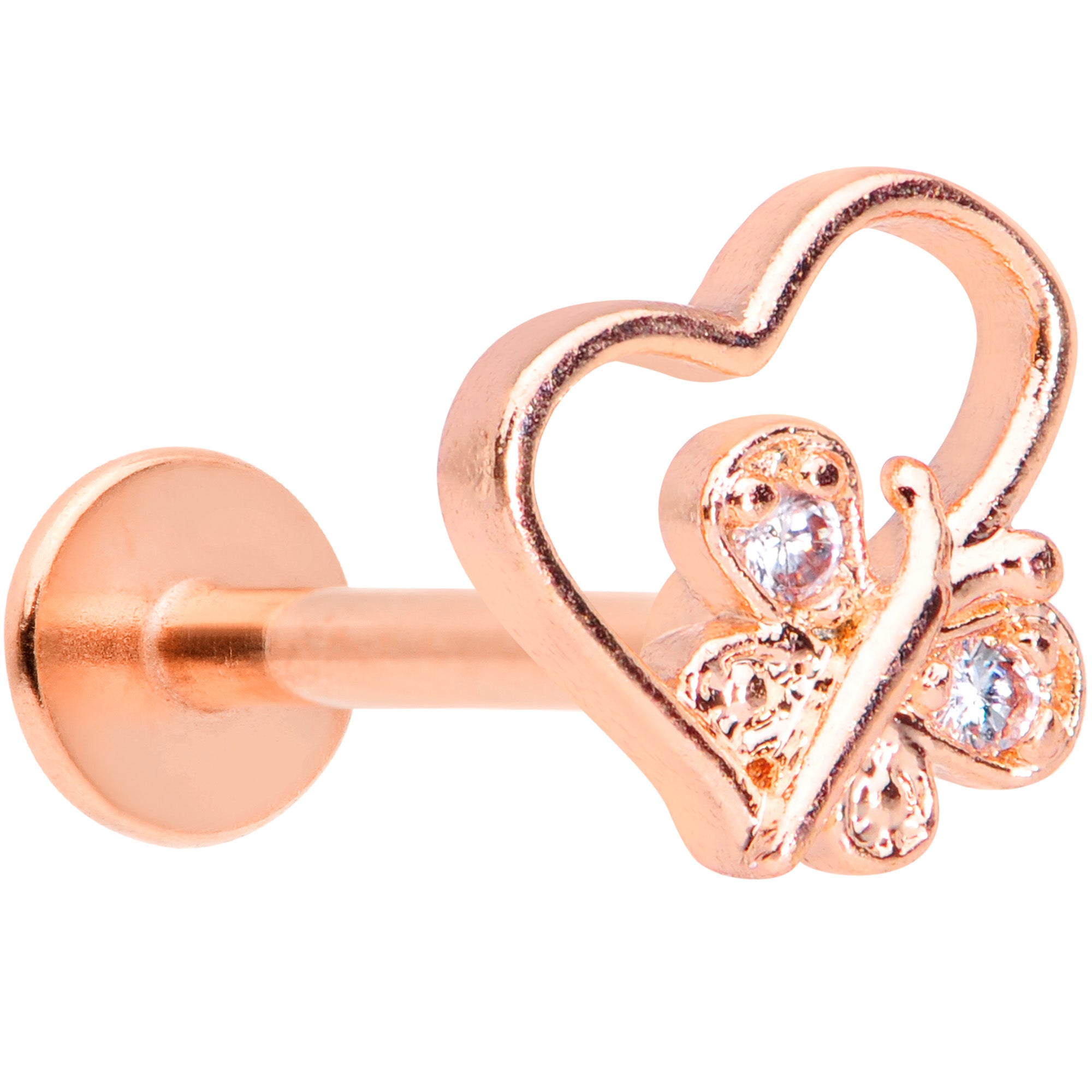 16 Gauge 5/16 Clear CZ Gem Rose Gold Tone Heart Butterfly Labret