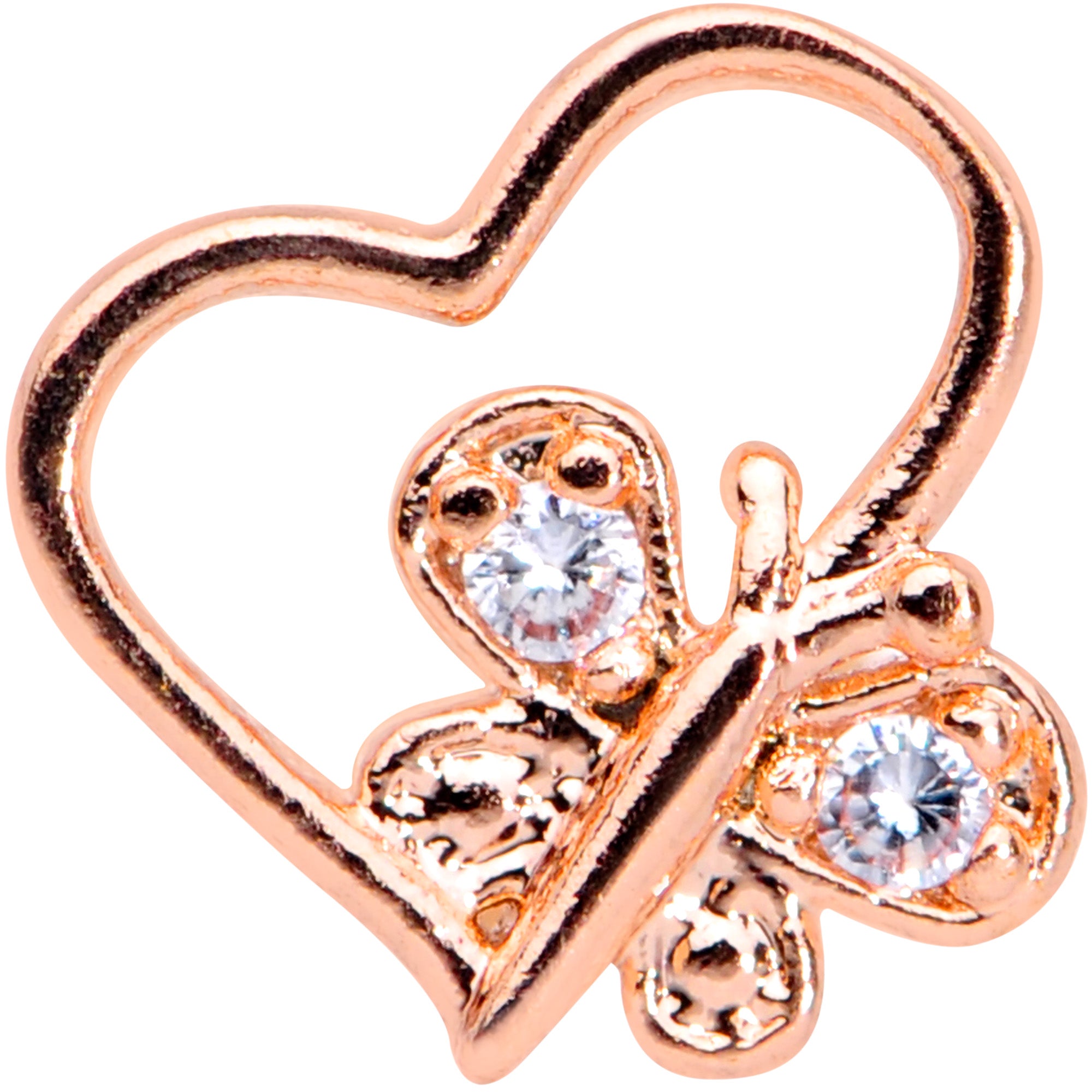 16 Gauge 5/16 Clear CZ Gem Rose Gold Tone Heart Butterfly Labret