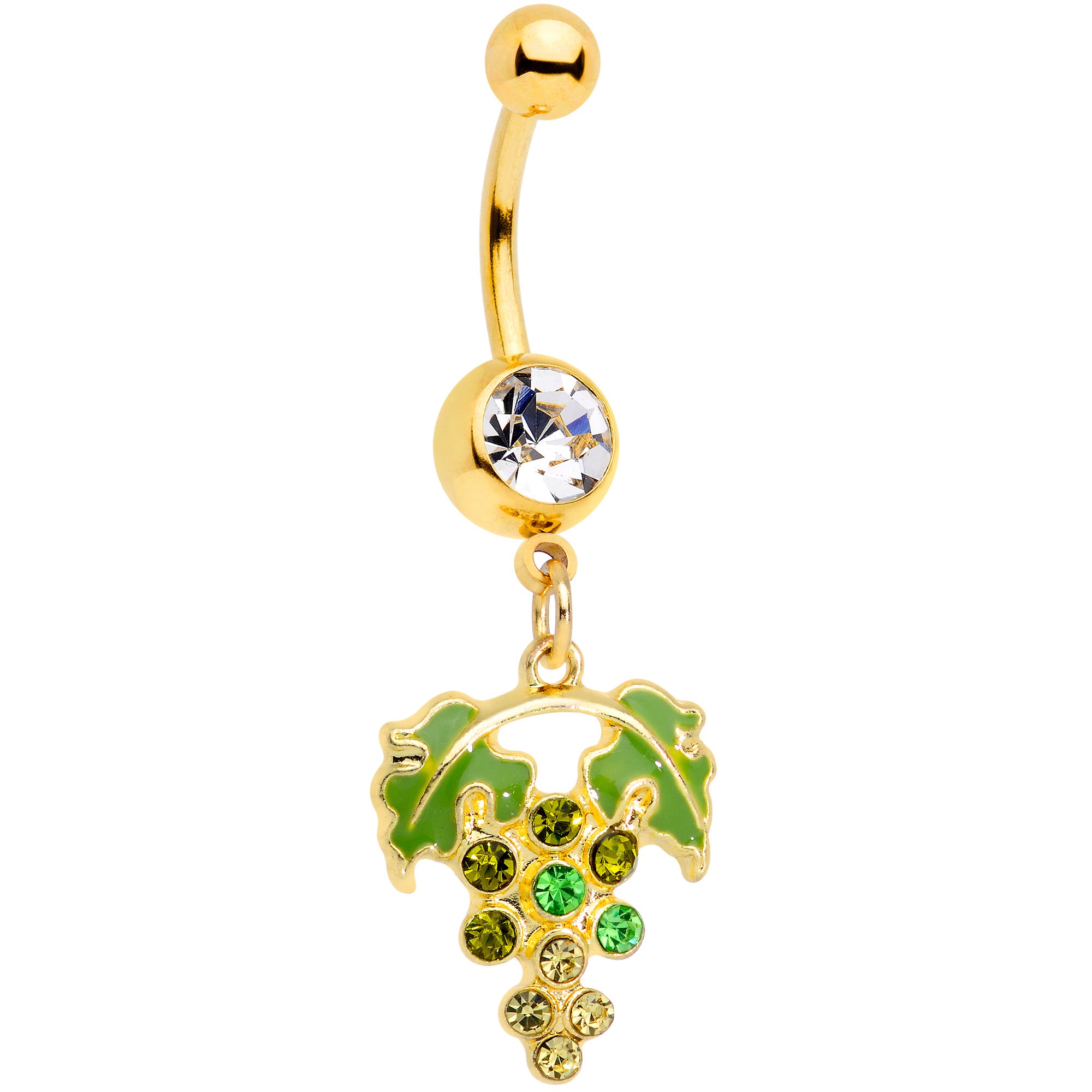 Clear Green Gem Gold Tone Bunch of Grapes Dangle Belly Ring