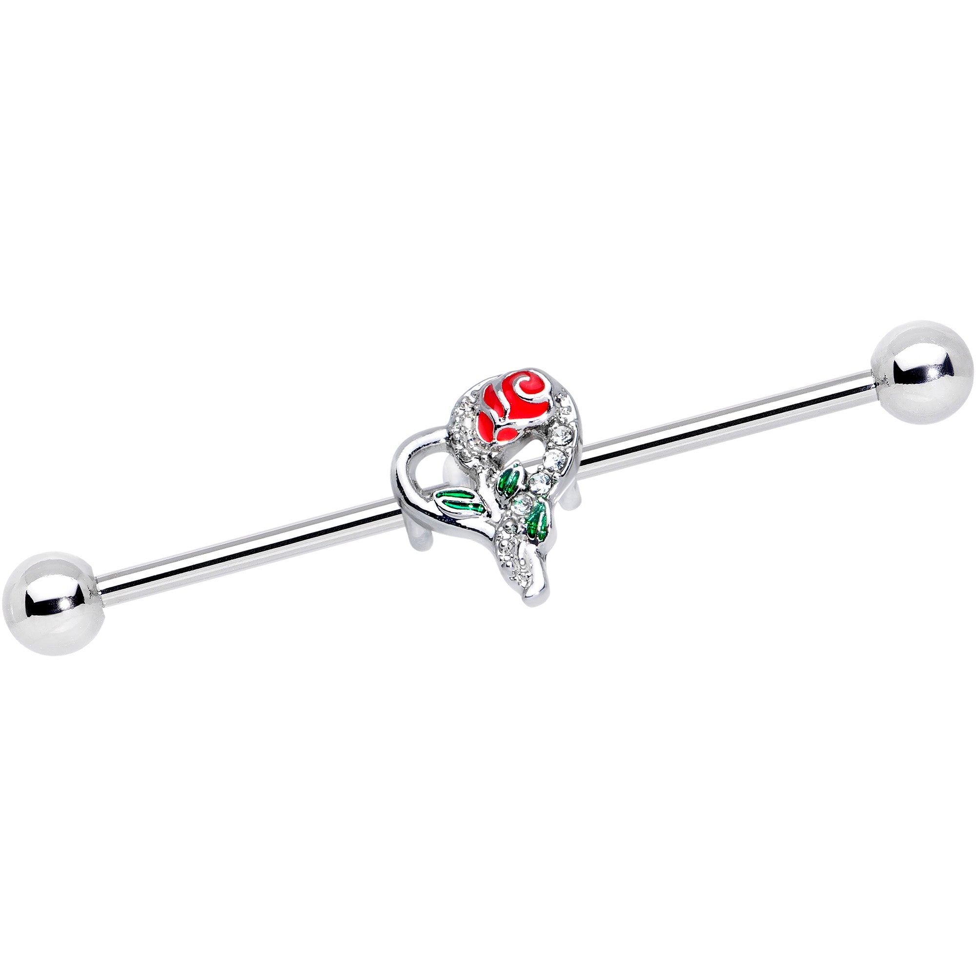 14 Gauge Clear Gem Open Heart Rose Valentines Industrial Barbell 38mm