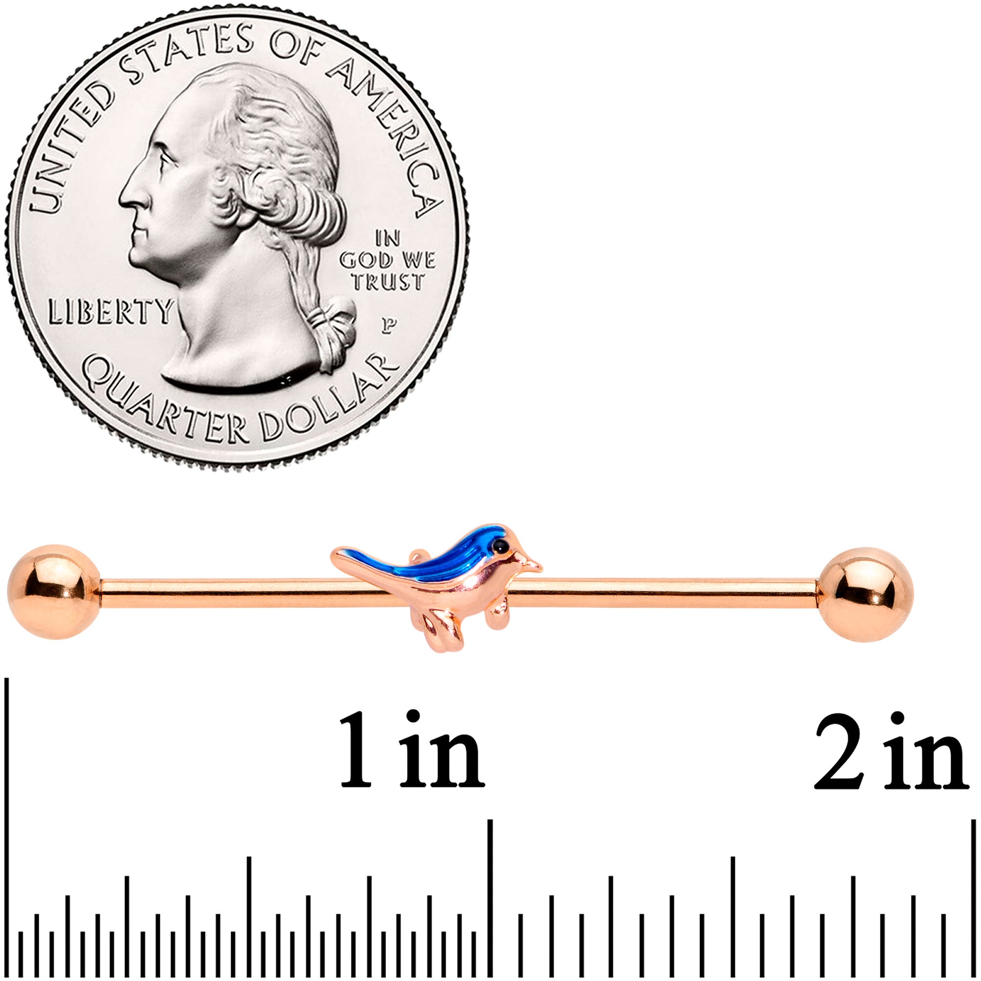 14 Gauge Rose Gold Tone Blue Bird Industrial Barbell 38mm