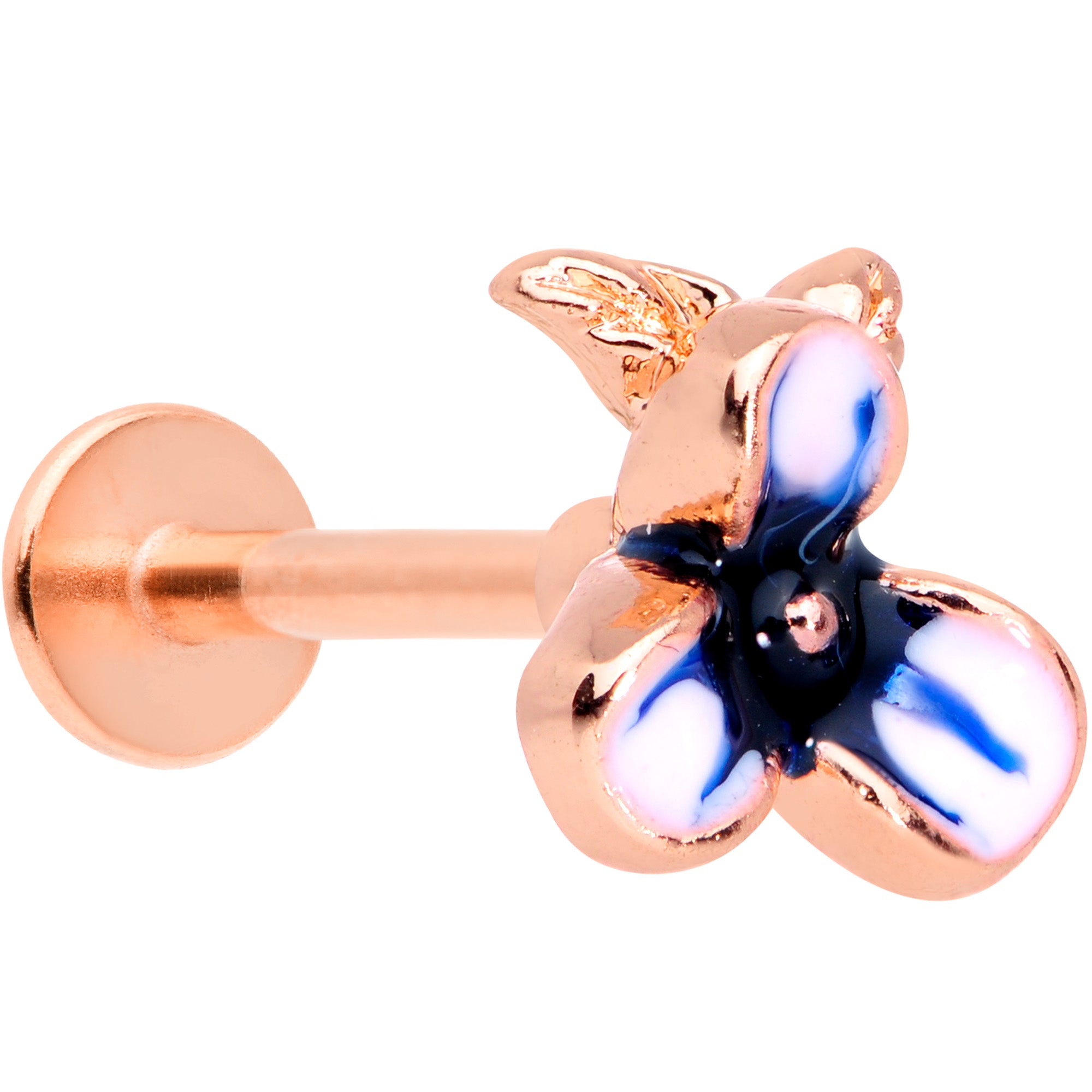 16 Gauge 5/16 Rose Gold Tone Blue Tropical Flower Labret Monroe Tragus