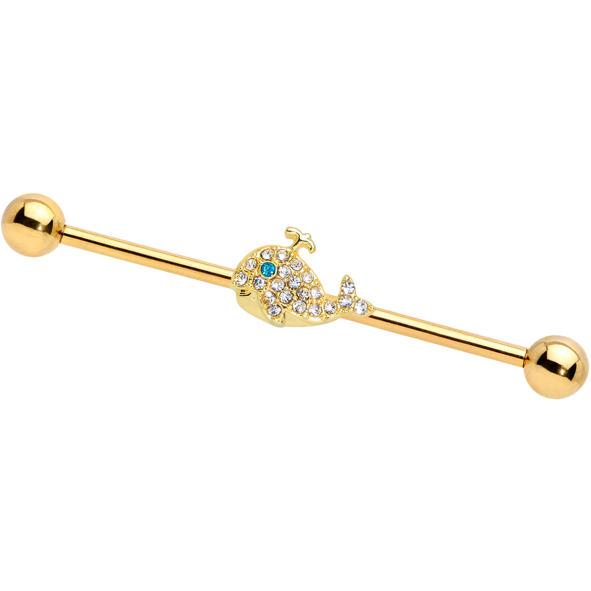 14 Gauge Clear Aqua Gem Gold Tone Whale Industrial Barbell 38mm