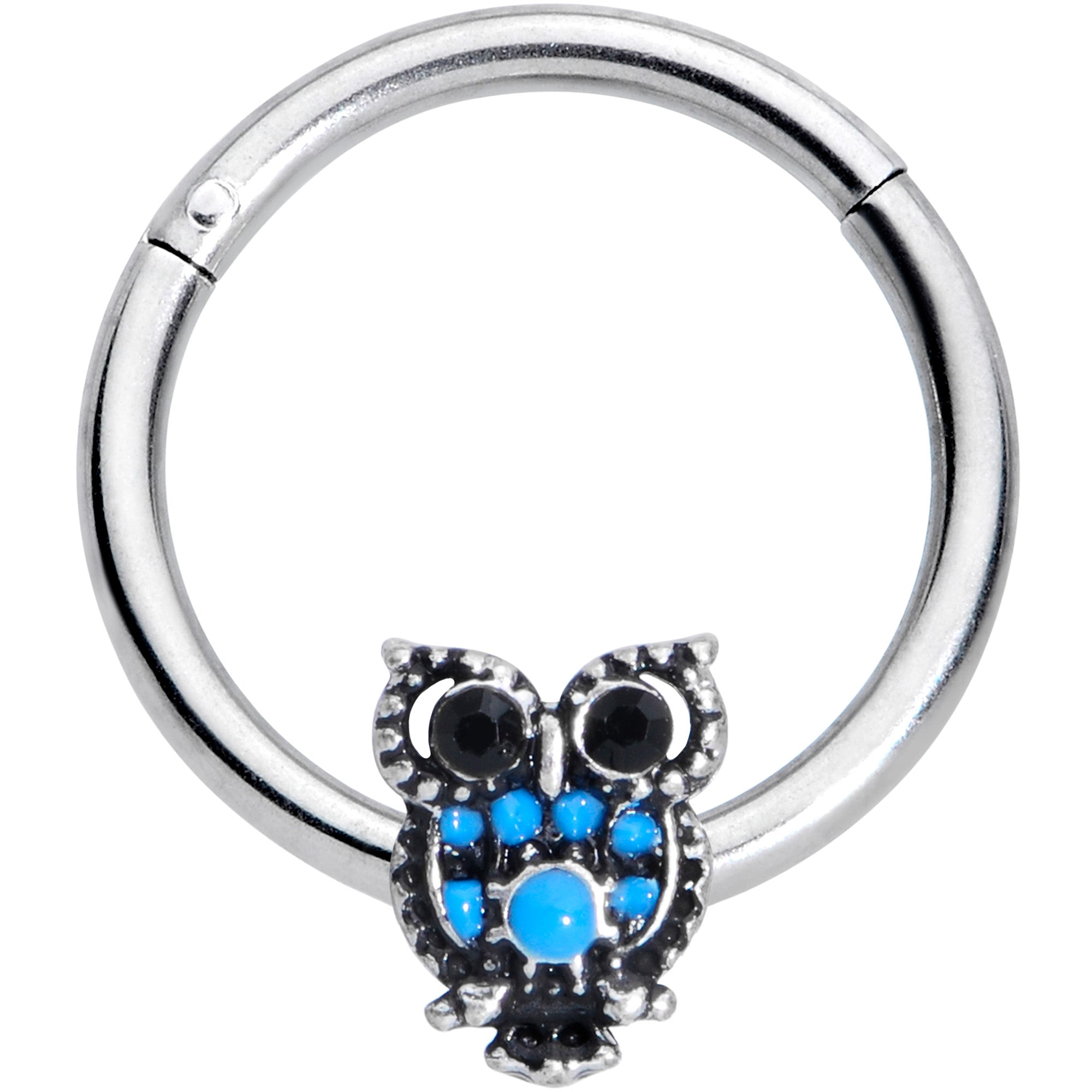 16 Gauge 3/8 Black Gem Ornate Blue Owl Hinged Segment Ring